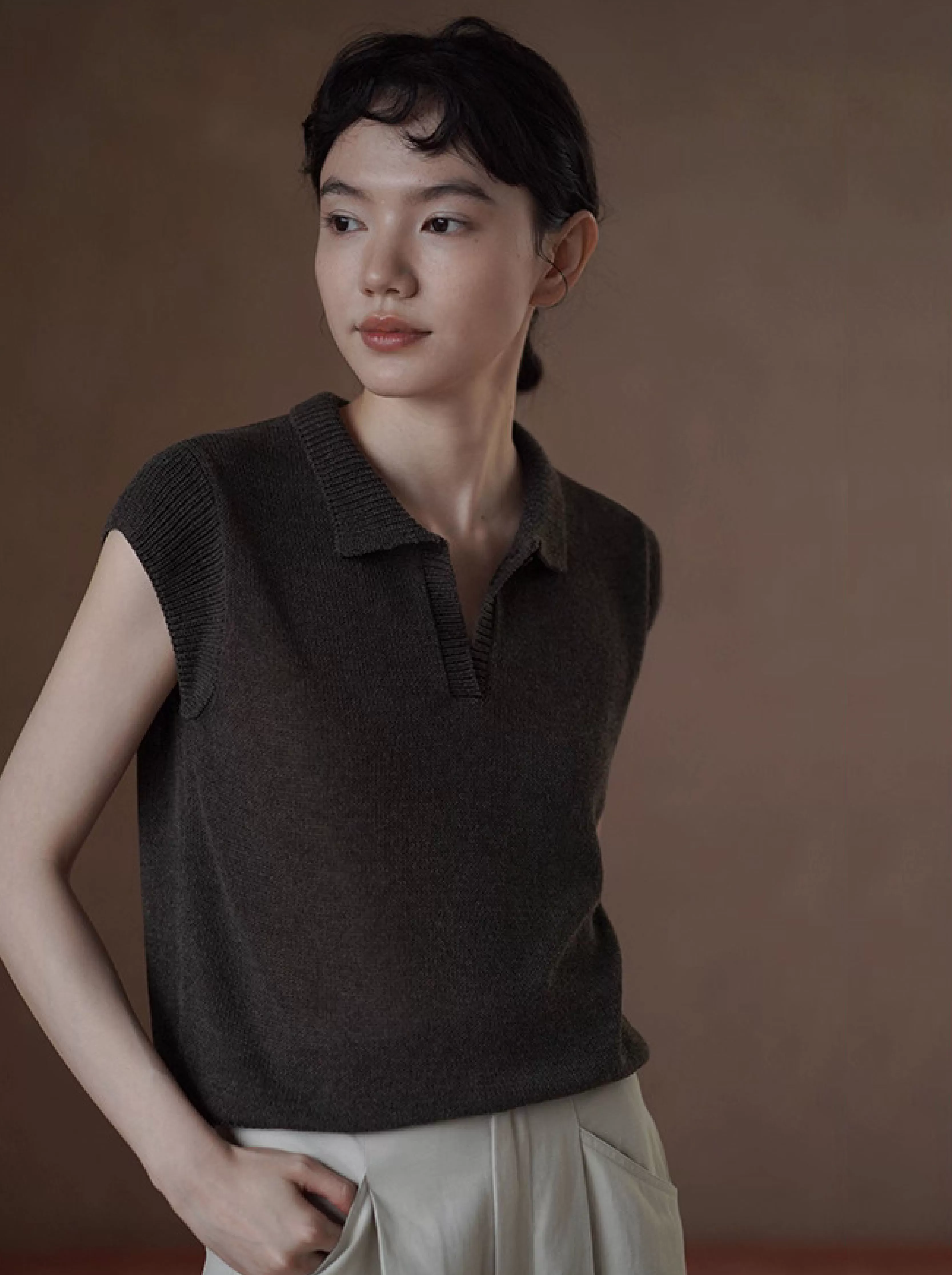苔痕雨季透氣輕薄亞麻棉紗線Polo領針織顯瘦短袖上衣女