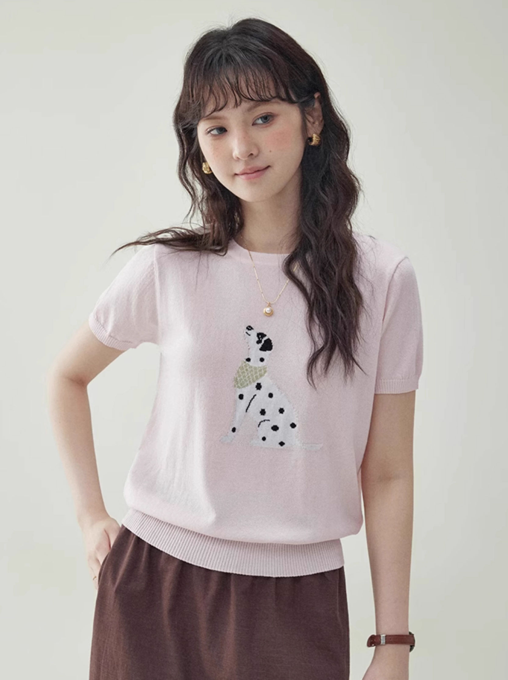 可愛小狗刺繡針織衫T恤女夏新款寬鬆短袖上衣