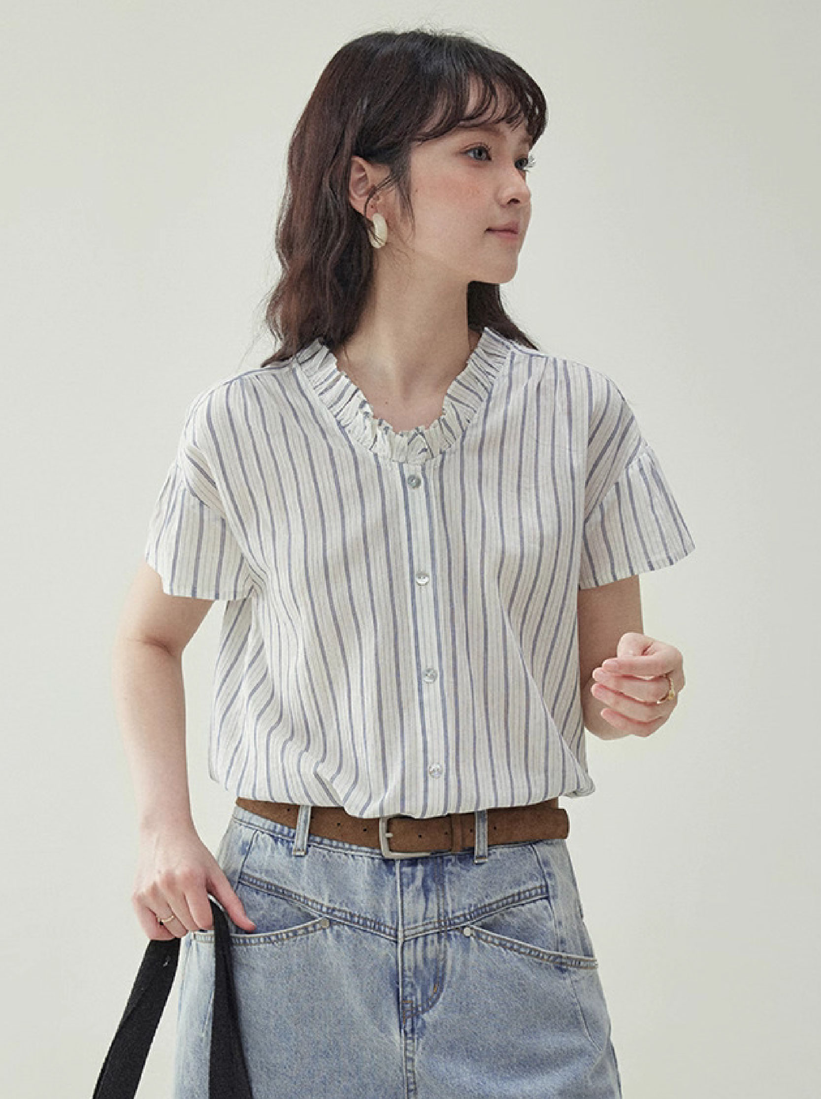 清爽豎紋花邊領短袖襯衫女夏季新款純棉寬鬆上衣
