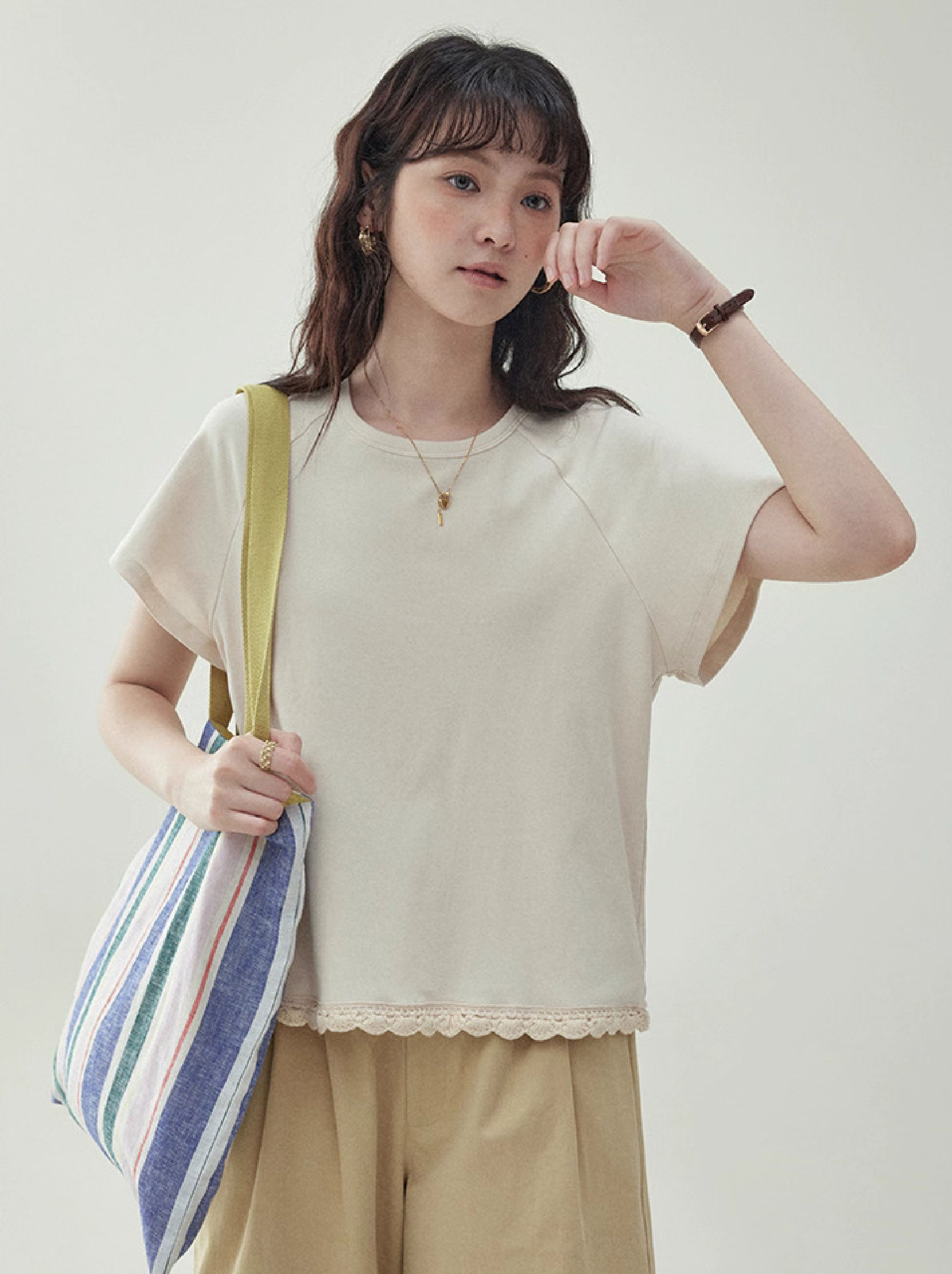 簡約純色花邊圓領短袖T恤女25夏季新款百搭上衣