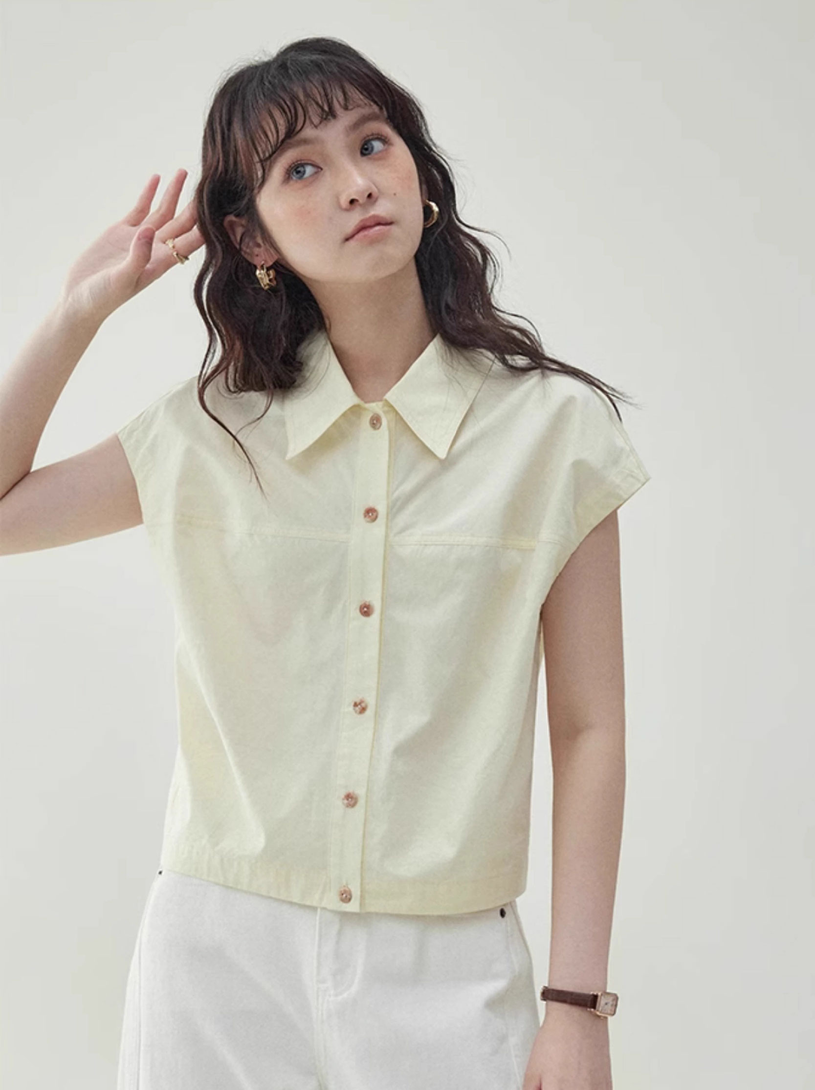 純色polo領純棉短袖襯衫女夏季新款寬鬆短上衣