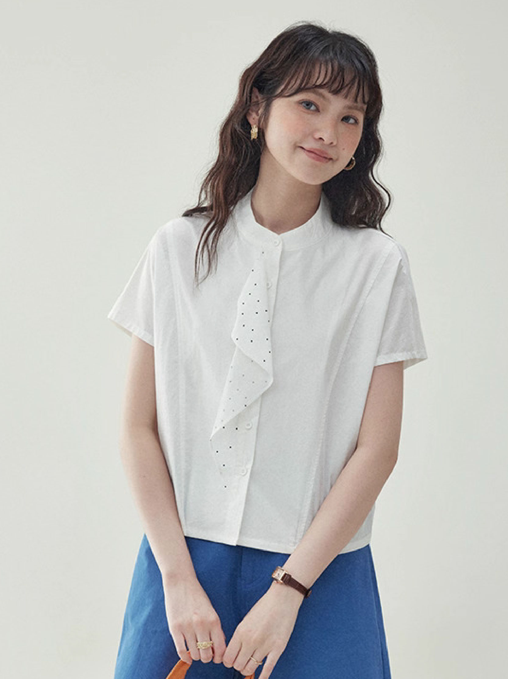 拼接波點飄帶短版白襯衫女夏季新款純棉短袖上衣
