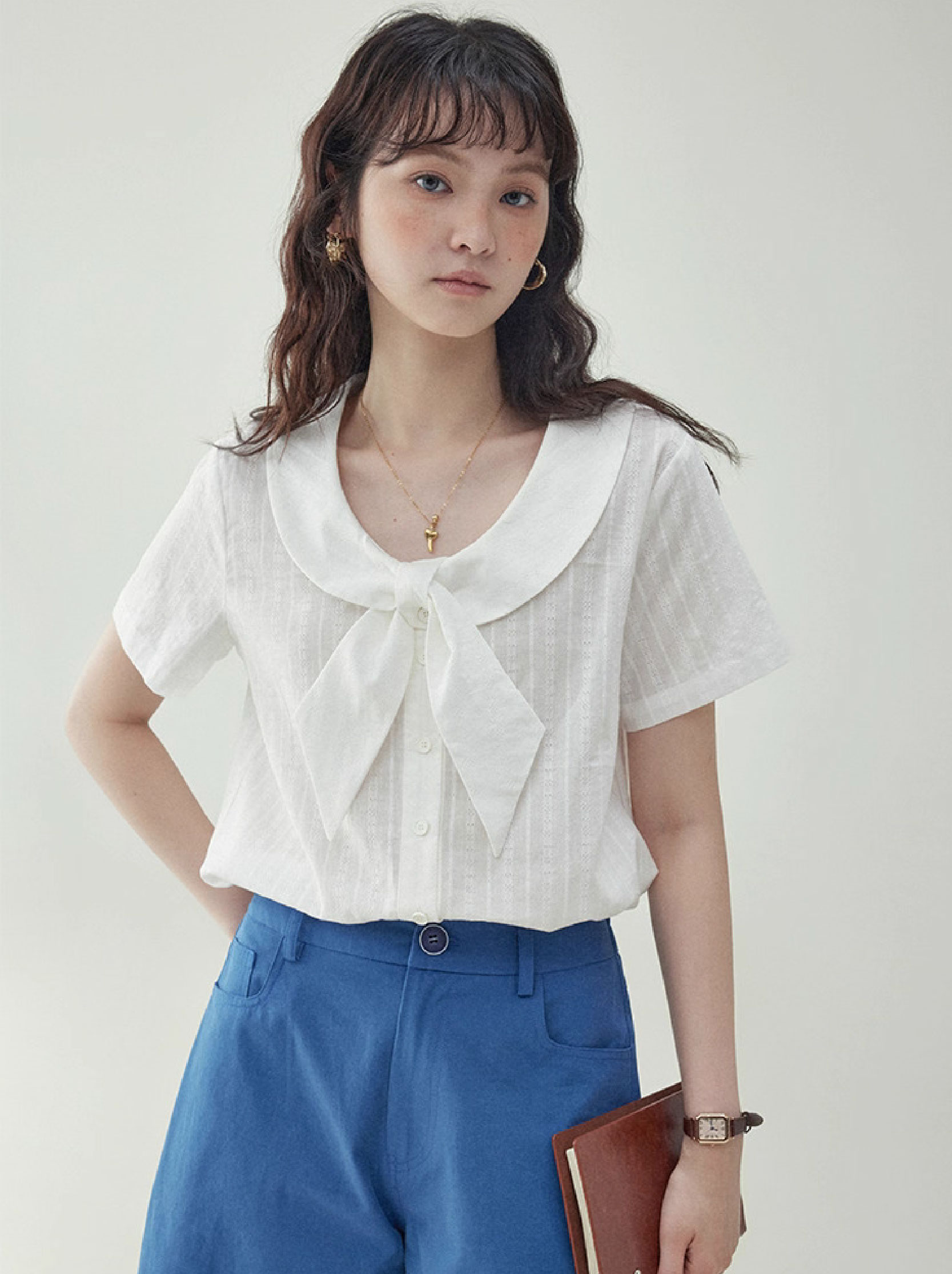 少女感蝴蝶結綁帶薄襯衫女夏季新款純棉短袖上衣
