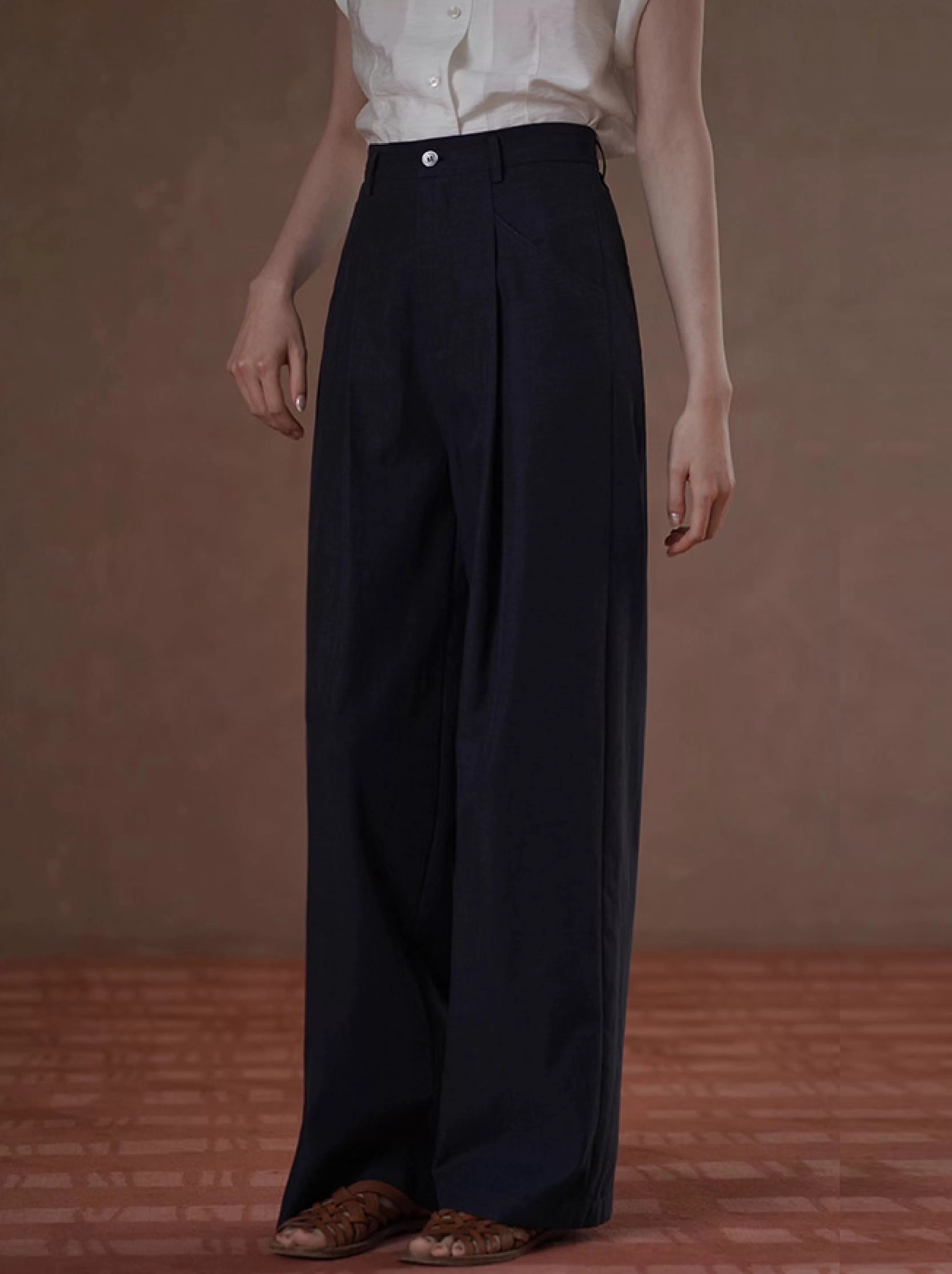 都會通勤女小眾設計長褲顯瘦高腰雙分割寬鬆紗卡寬腿褲