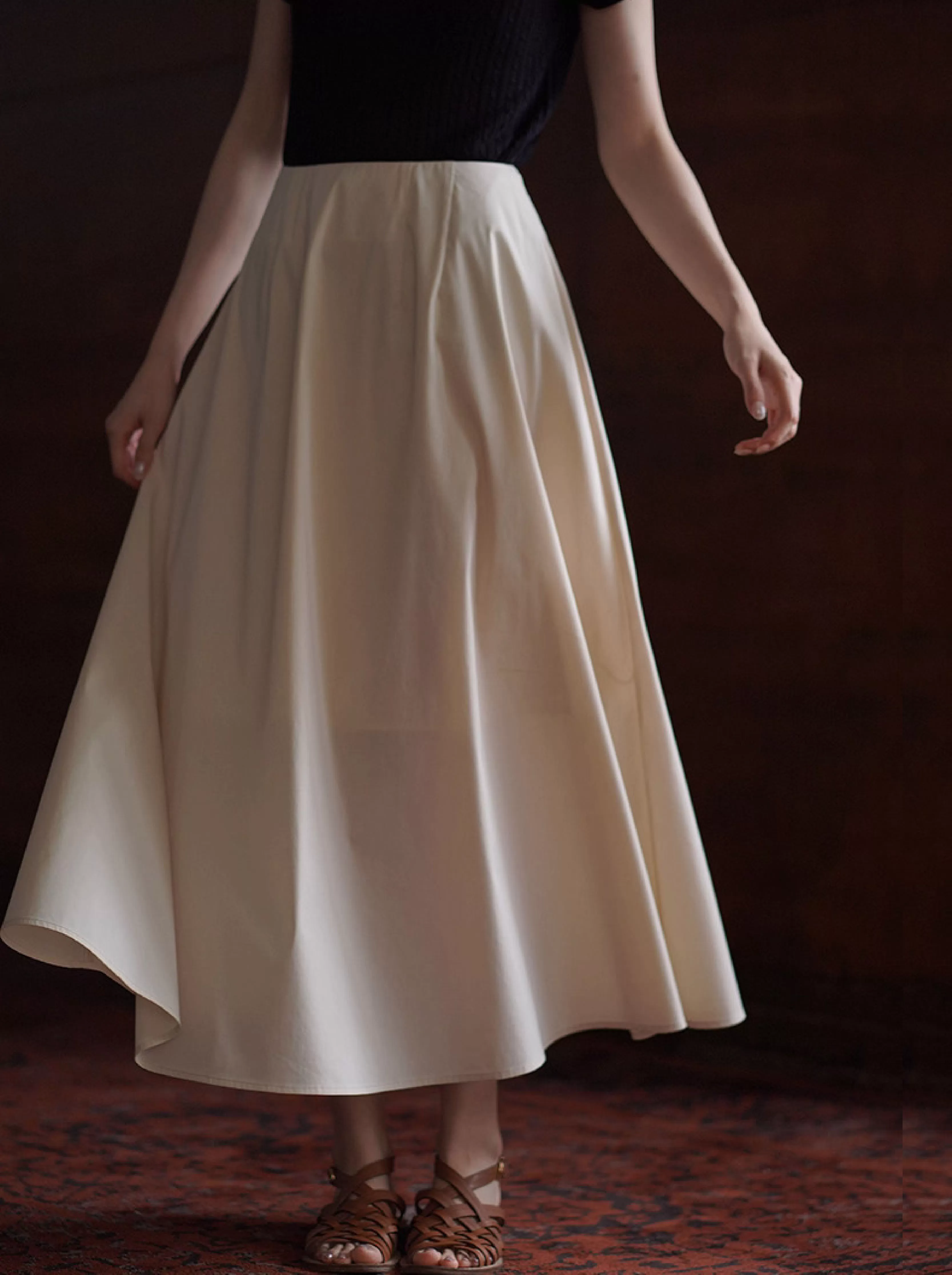 鬱金香半身裙A字寬鬆無腰頭設計高腰後牛筋鬆緊顯瘦裙子