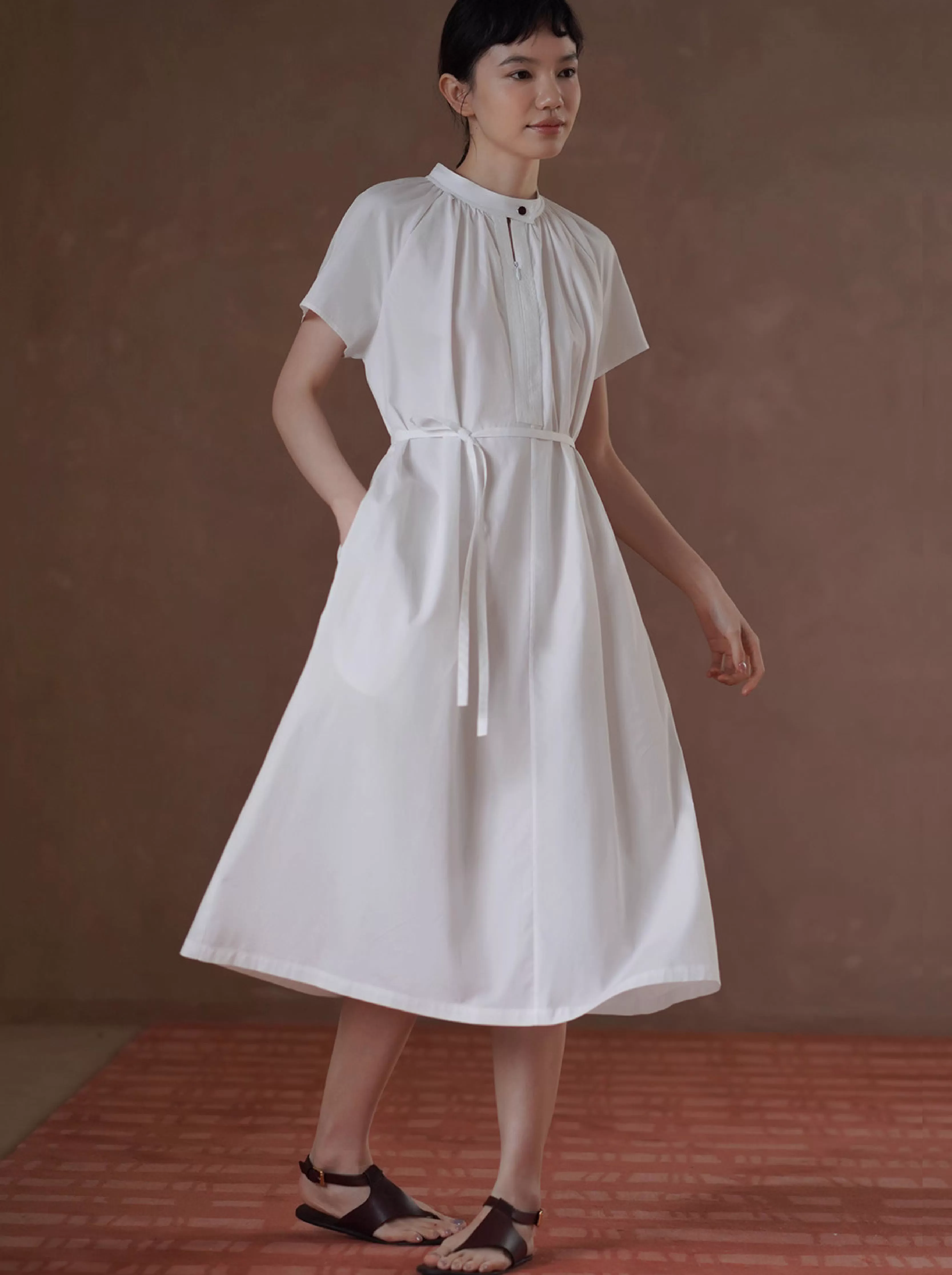 清新小白花洋裝透氣綿柔寬鬆A字立領顯瘦氣質通勤裙