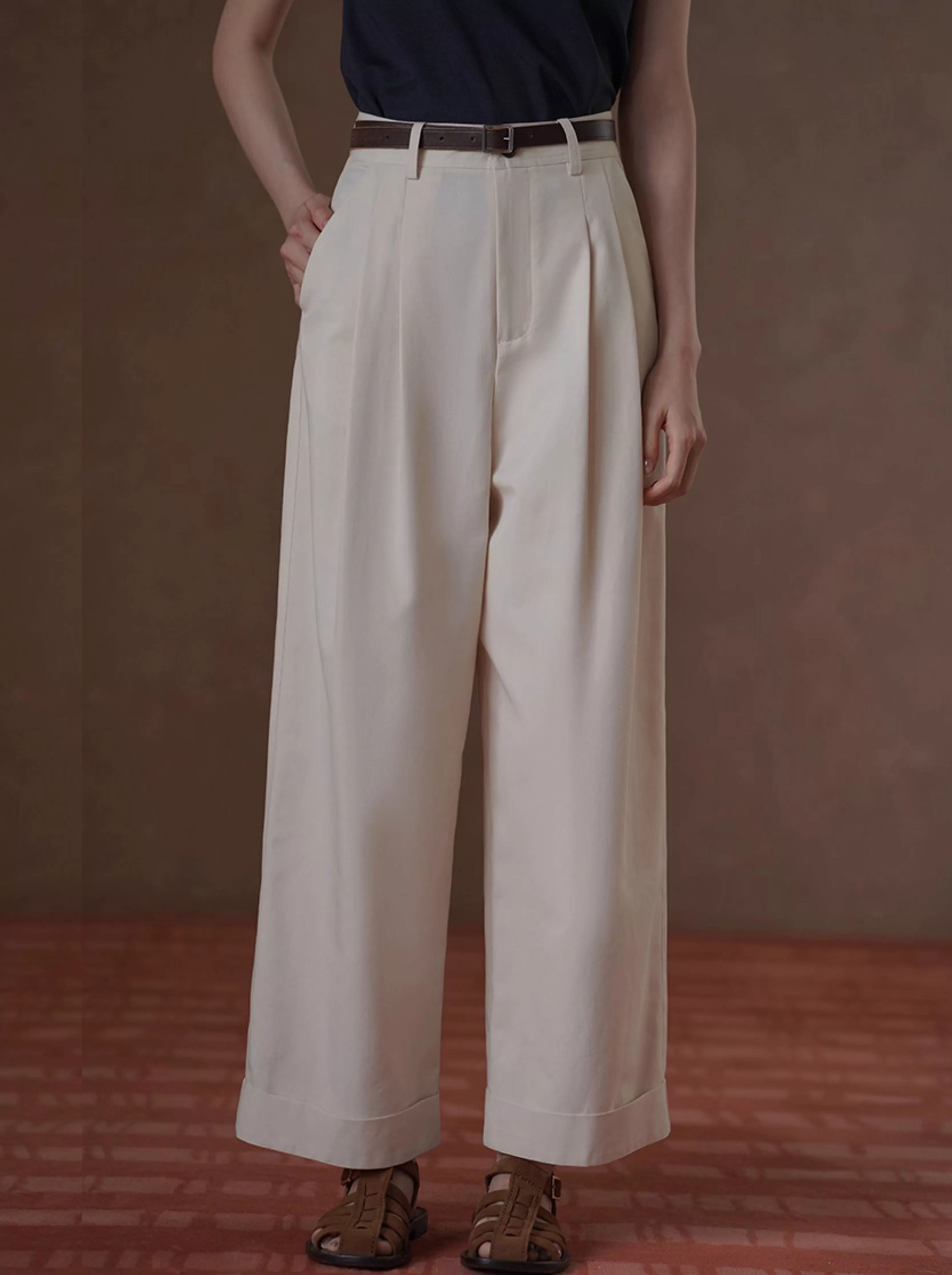 不出錯下搭系列萊賽爾棉寬鬆高腰直筒輪廓折邊通勤長褲