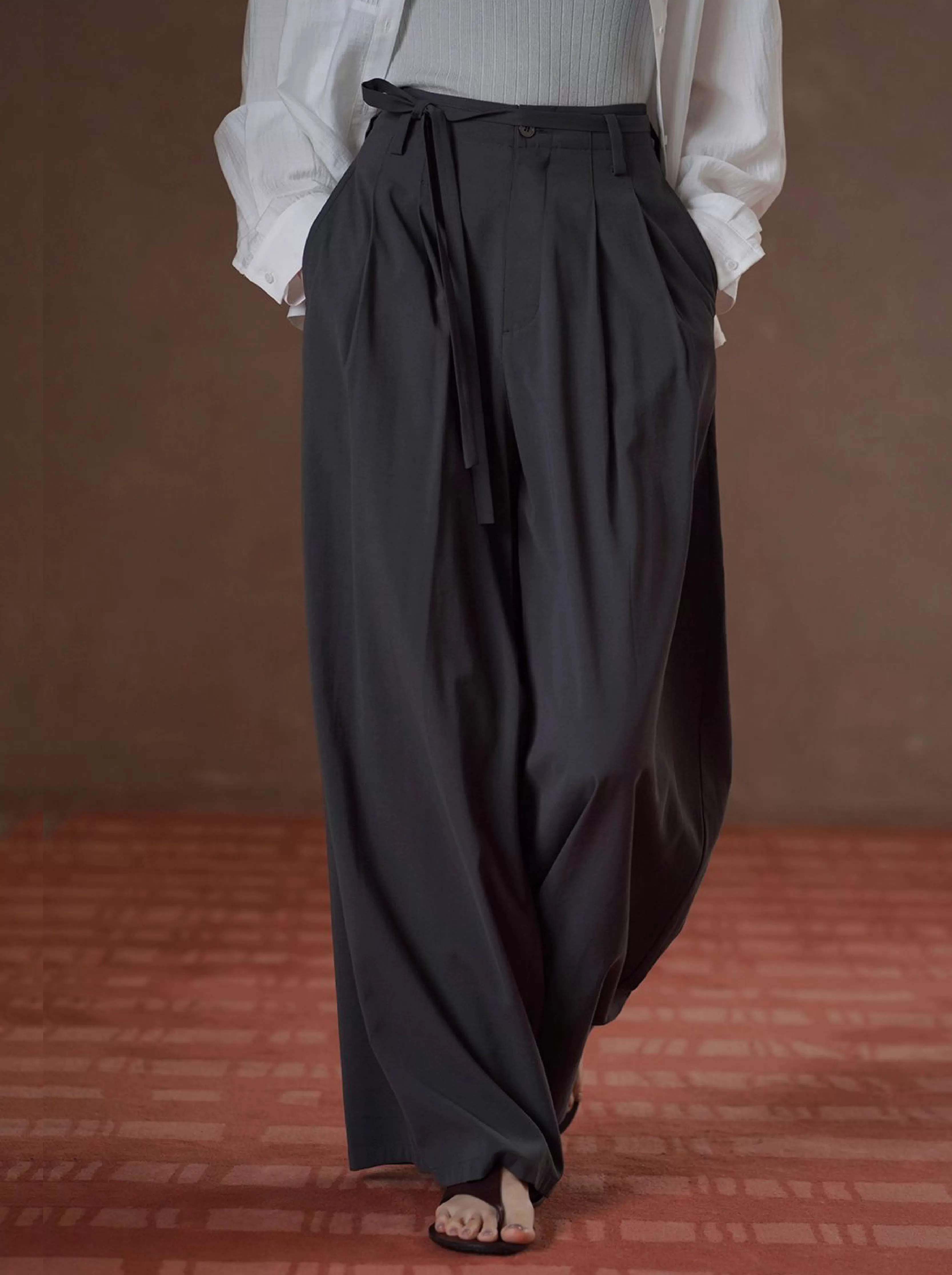 顯瘦日常闊腿褲垂順飄爽寬鬆直筒腰帶高腰通勤西裝長褲