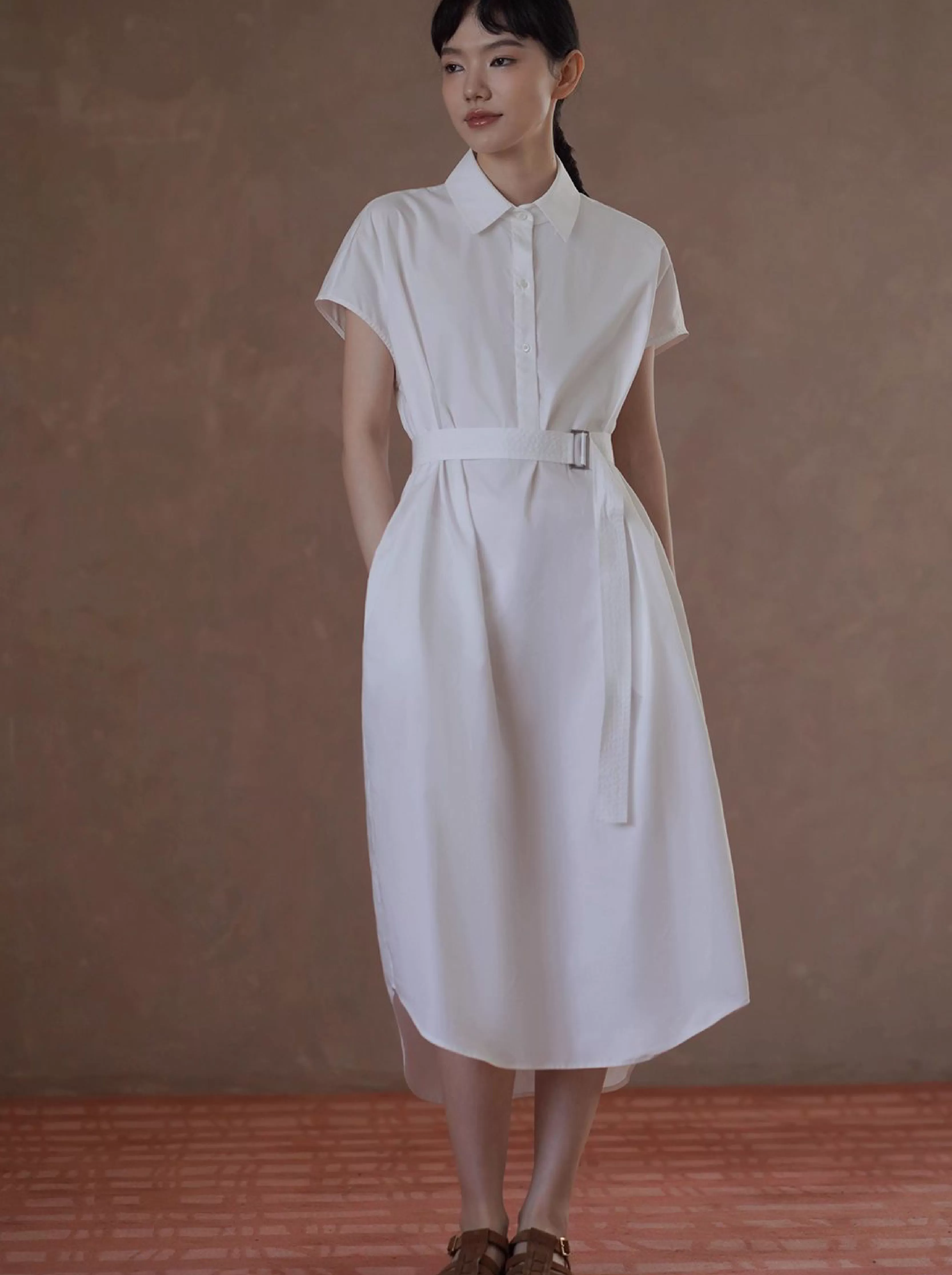浮生一日清冷通勤洋裝寬鬆顯瘦腰帶半門襟長襯衫裙
