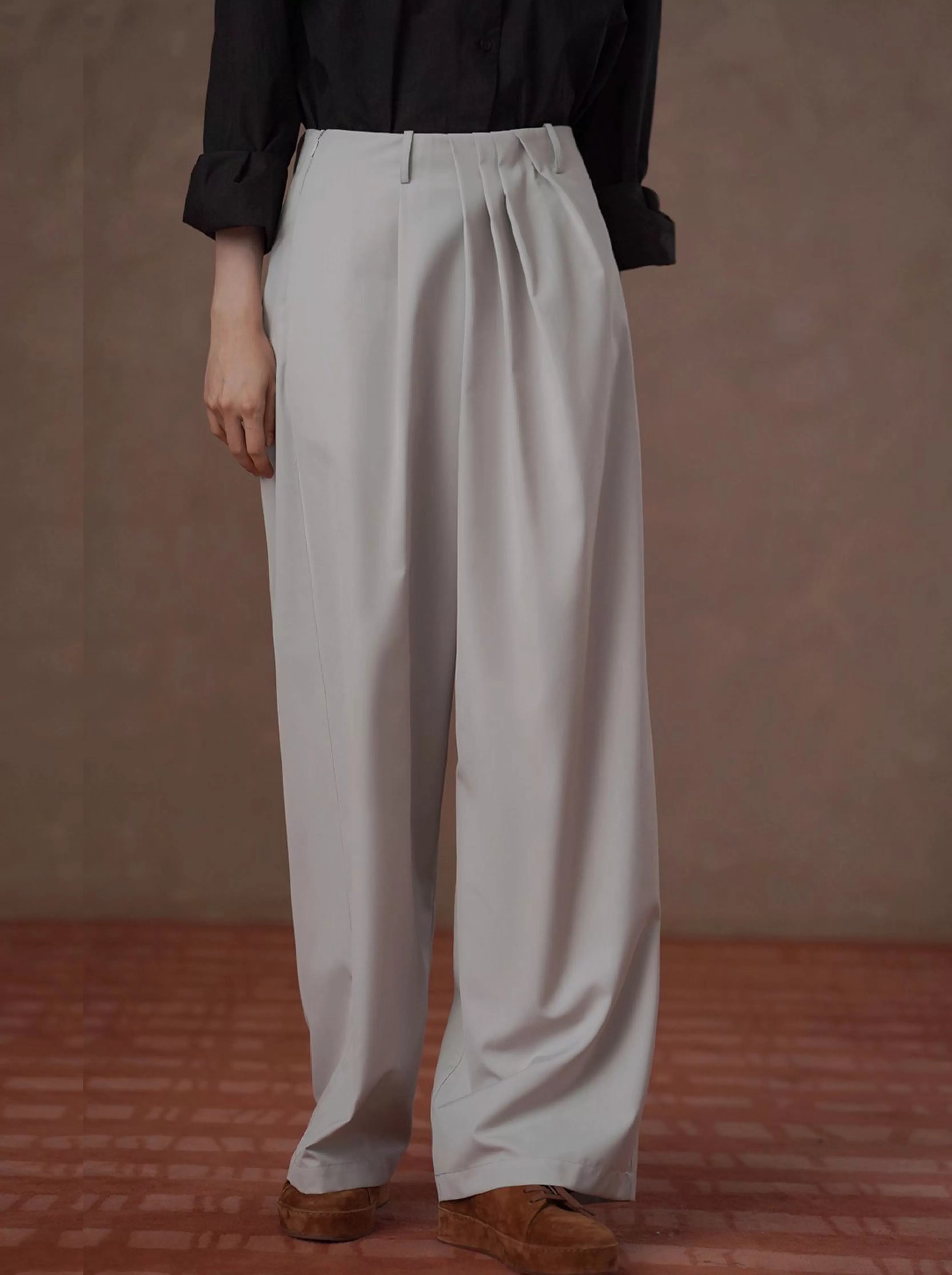 銀幣交易所長褲不對稱褶襉設計高腰寬鬆通勤寬長褲女