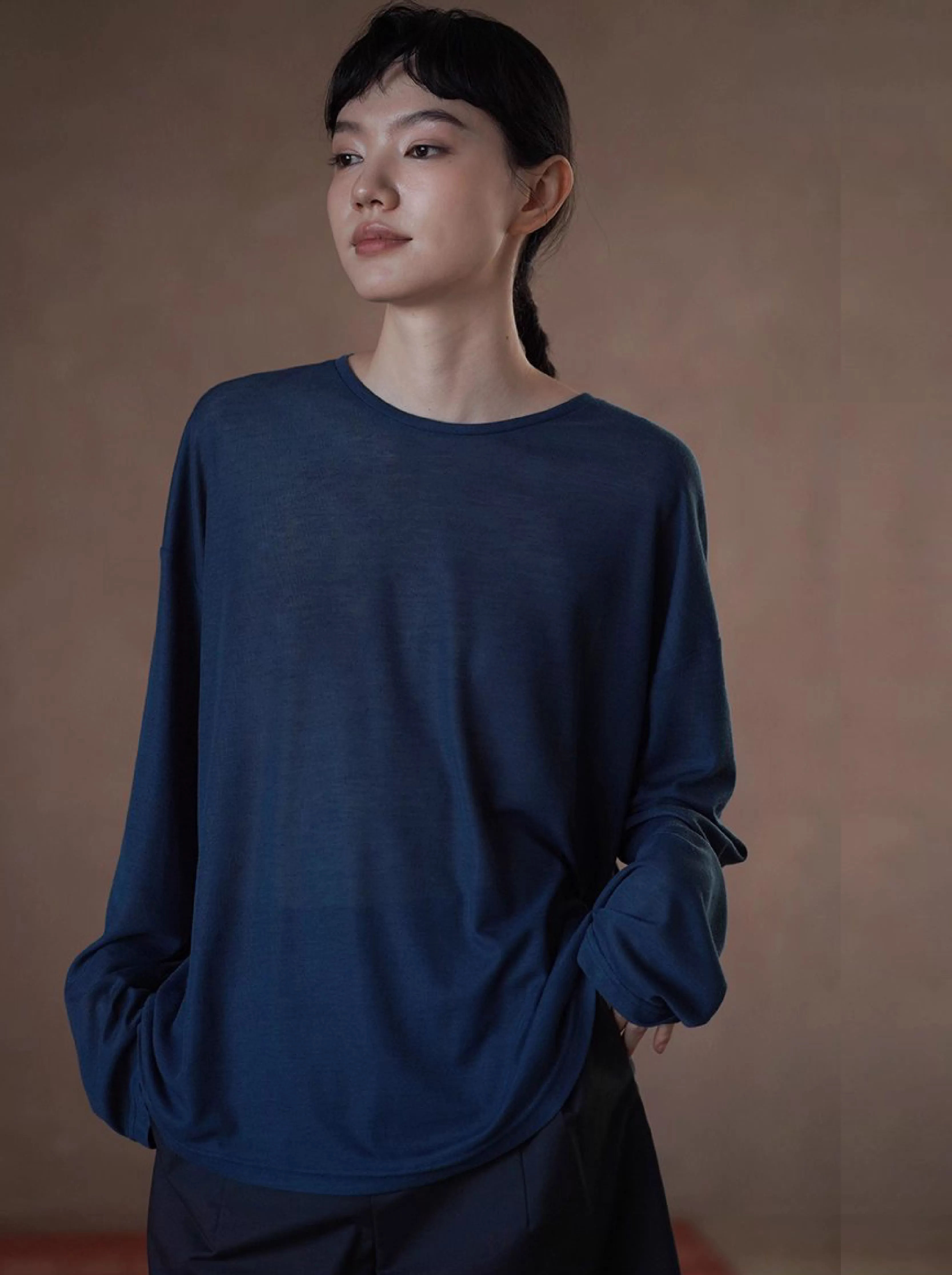 顯白晚波藍T恤慵懶紙片人顯瘦寬鬆長袖圓領顯瘦上衣