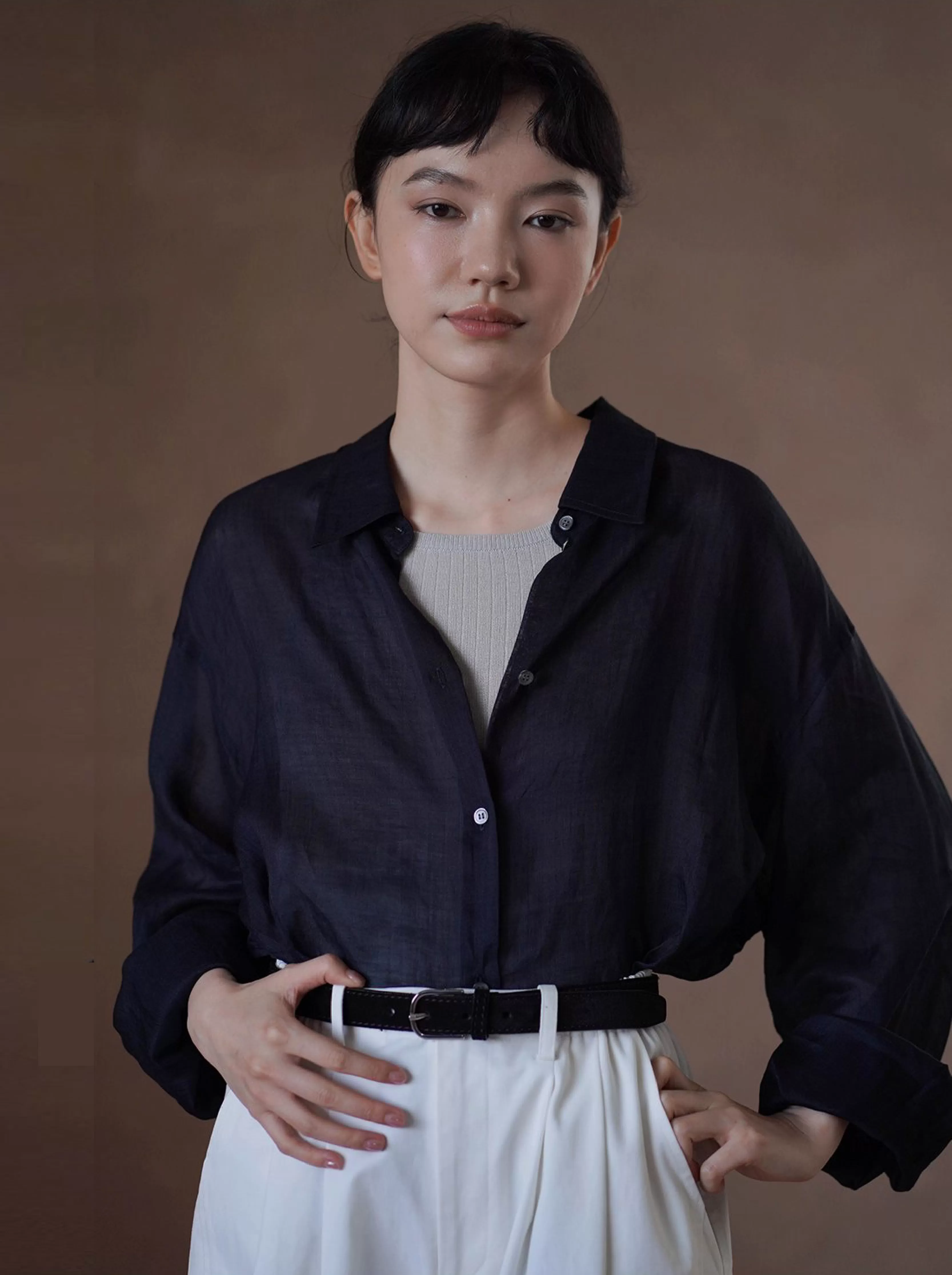 清透微風天然100苧麻襯衫寬鬆顯瘦通勤廓形落肩長袖上衣