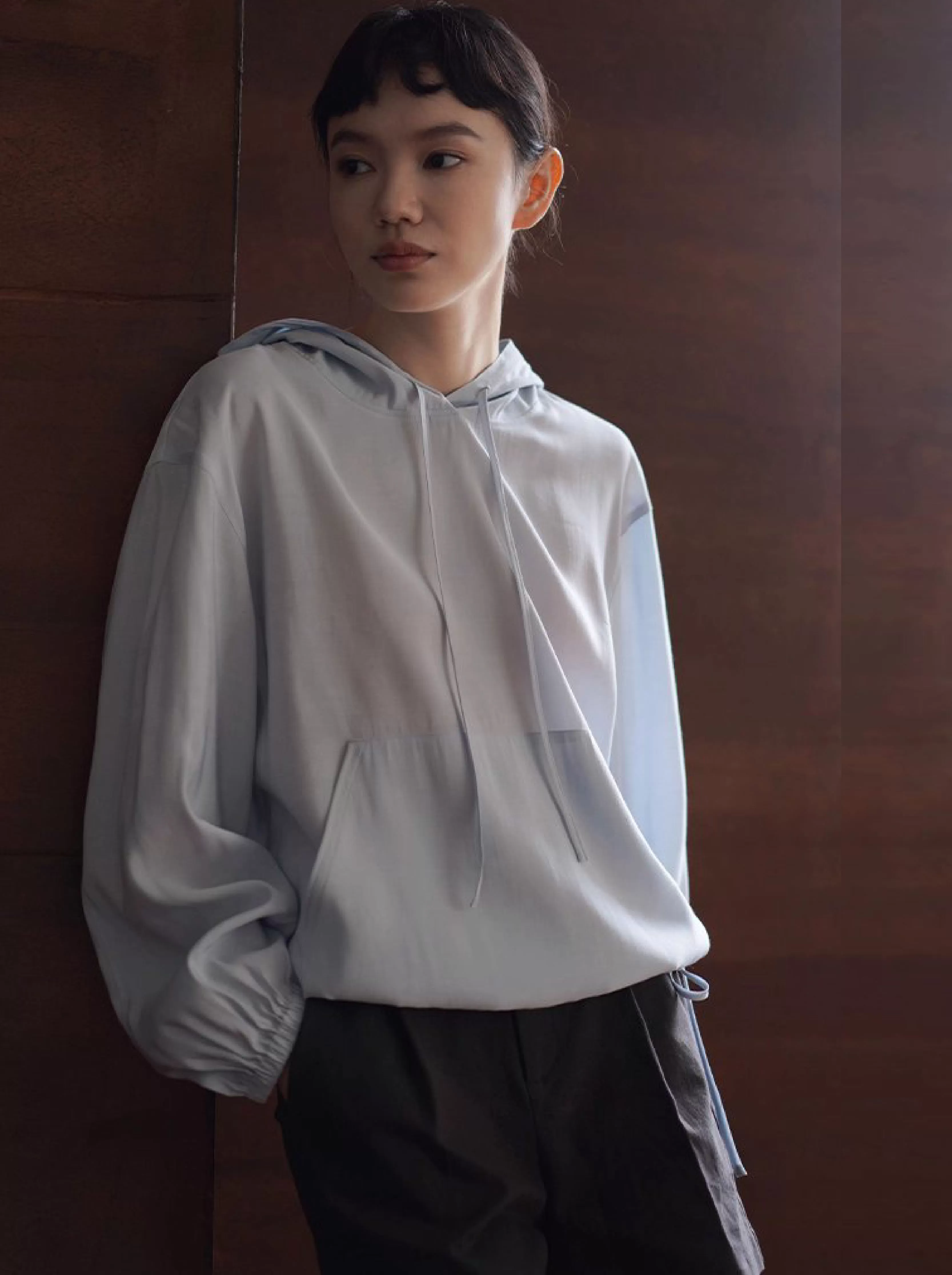 潤石晶藍清涼透氣連帽寬鬆顯瘦長袖休閒襯衫薄上衣女