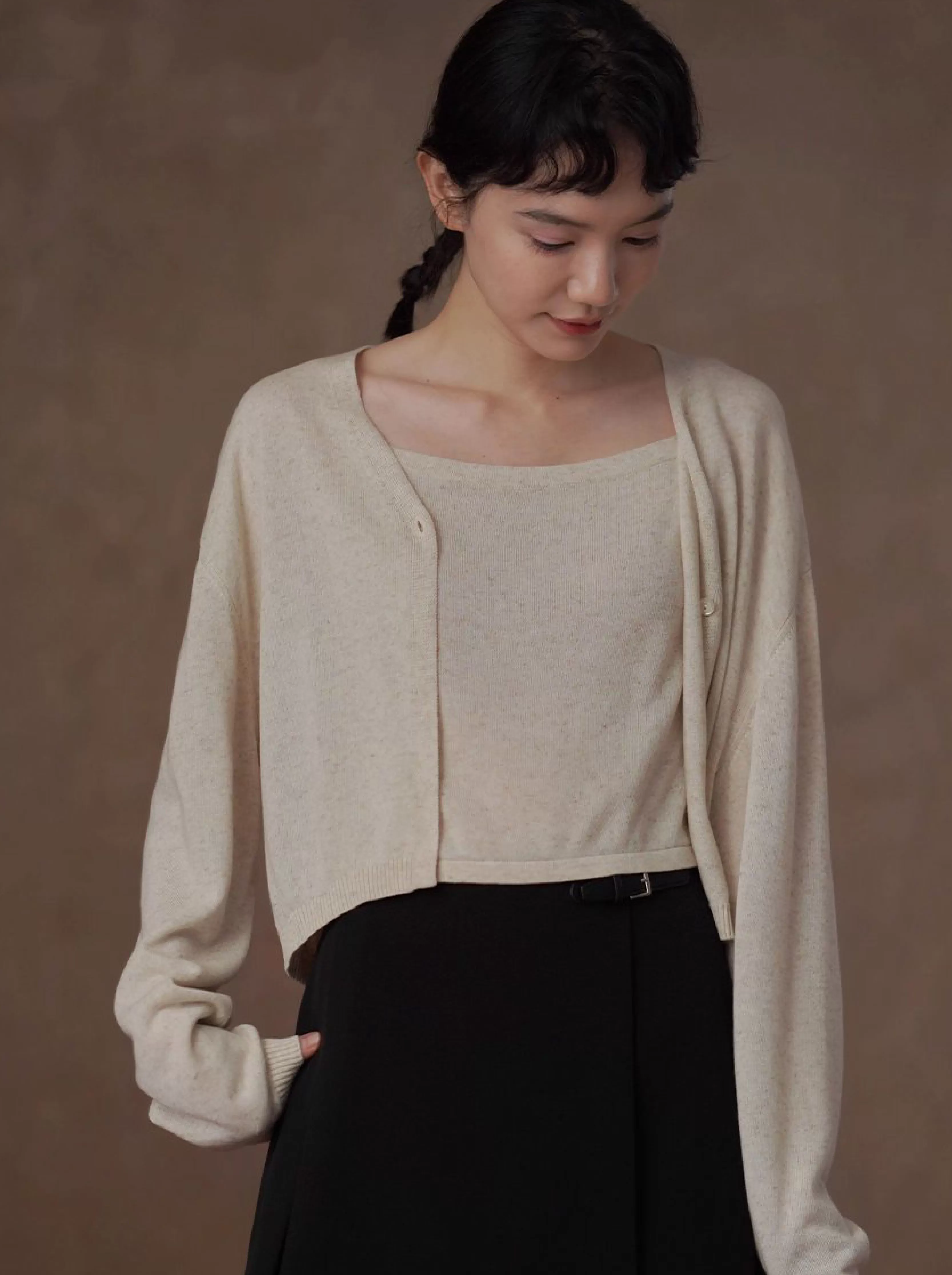 清新燕麥萊賽爾亞麻混紡背心開襟針織溫柔通勤兩件套女