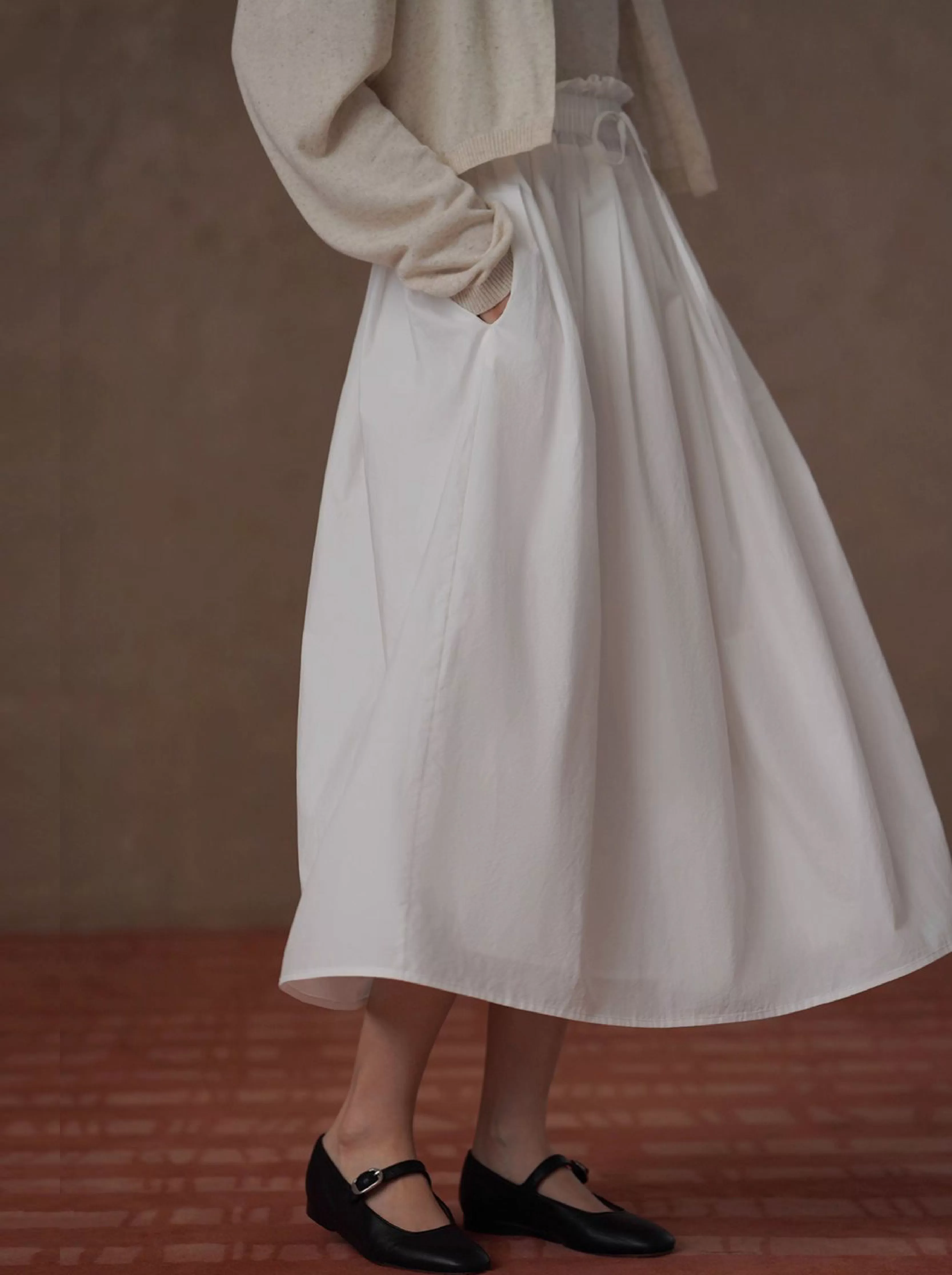 白瓷花苞半身裙捏褶抽繩花邊高腰A字寬鬆顯瘦氣質蓬鬆裙