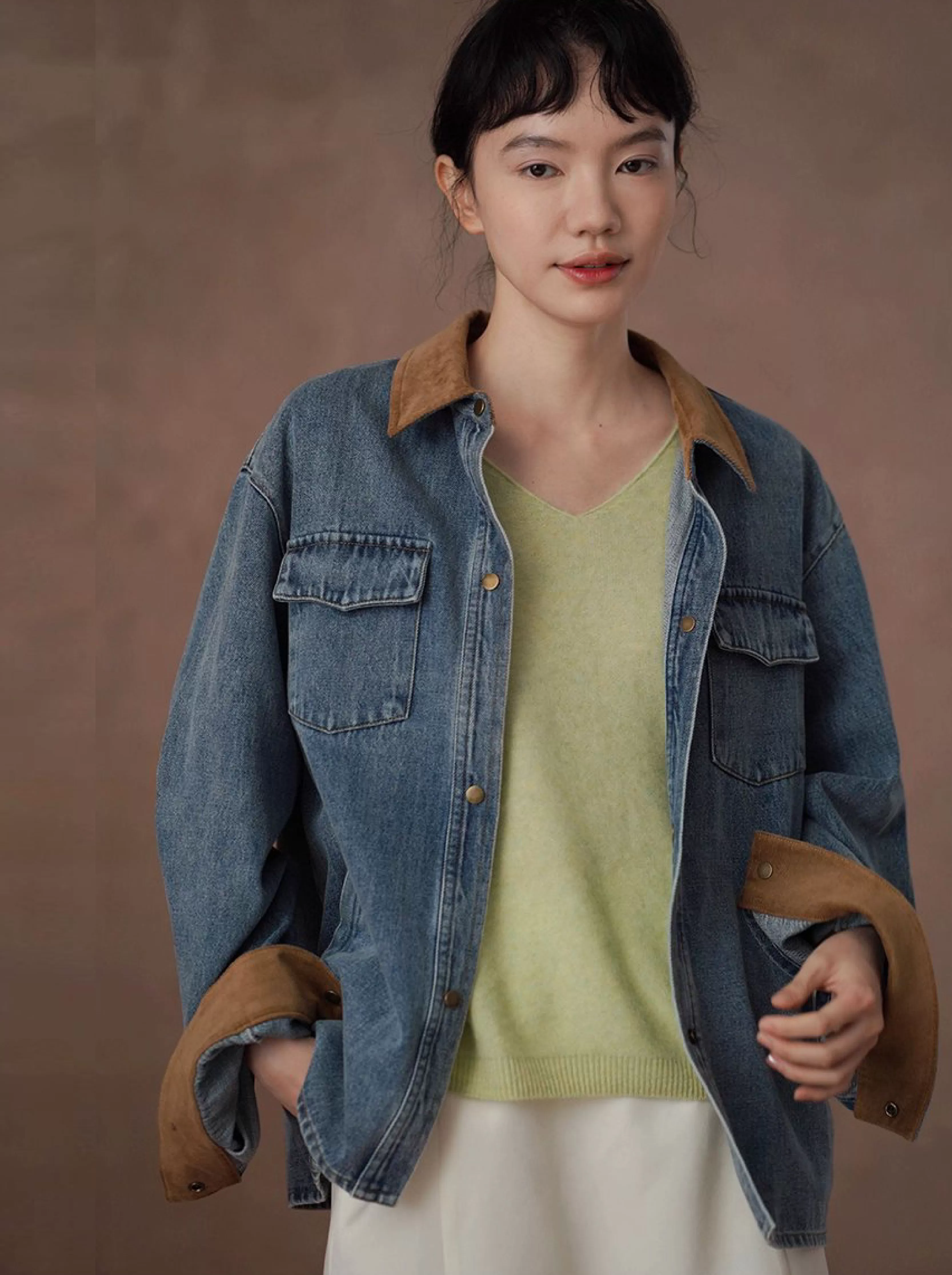 復古風潮做舊水洗燈芯絨拼接翻領牛仔襯衫寬鬆顯瘦外套