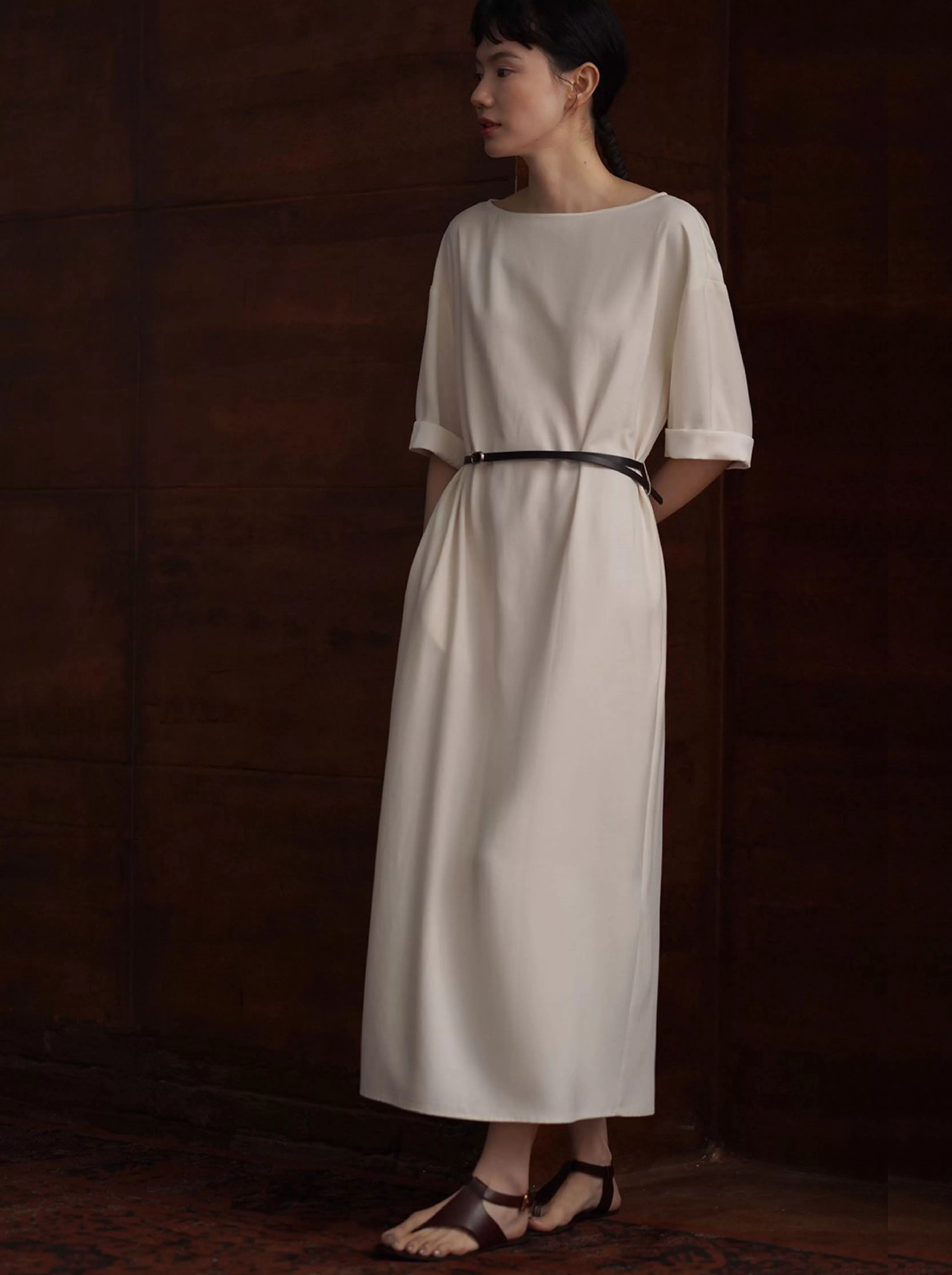 優雅高智感基本款折邊袖寬鬆腰帶溫柔一字領顯瘦洋裝