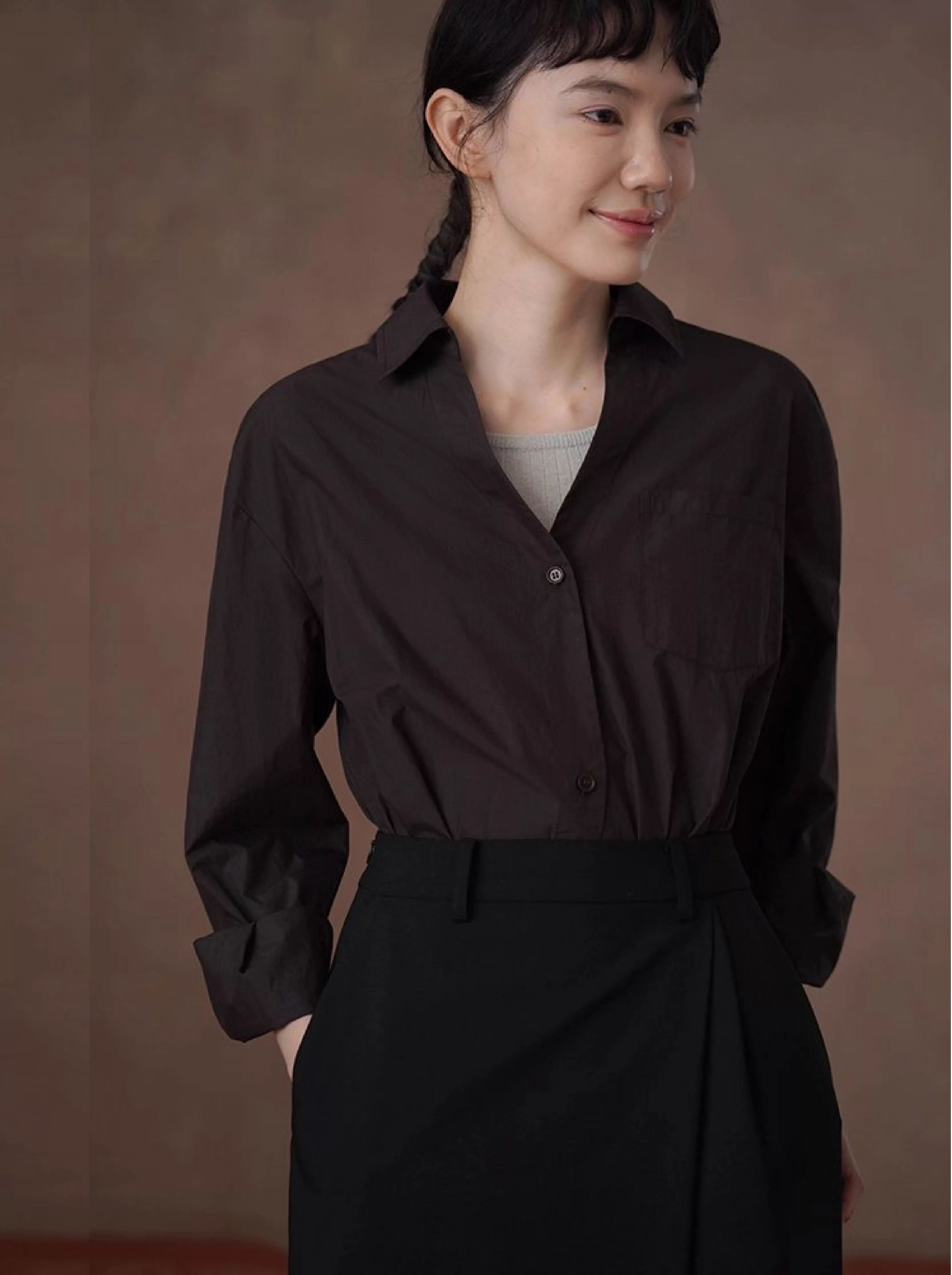 知識分子高智感襯衫濃鬱古巴咖寬鬆顯瘦V領廓形通勤上衣