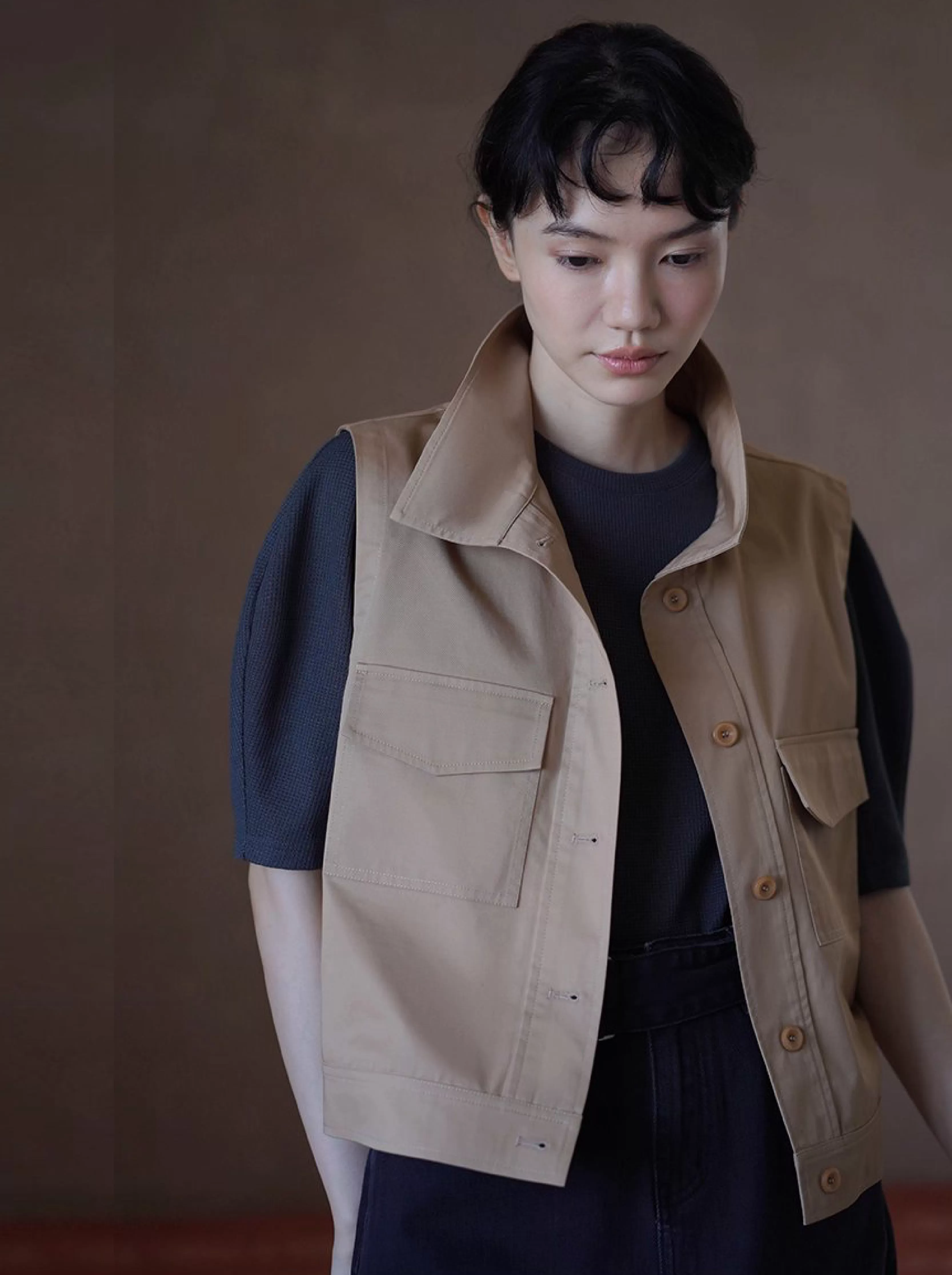 楓葉長椅馬甲顯瘦挺括親膚萊賽爾棉立領工裝疊穿外套女