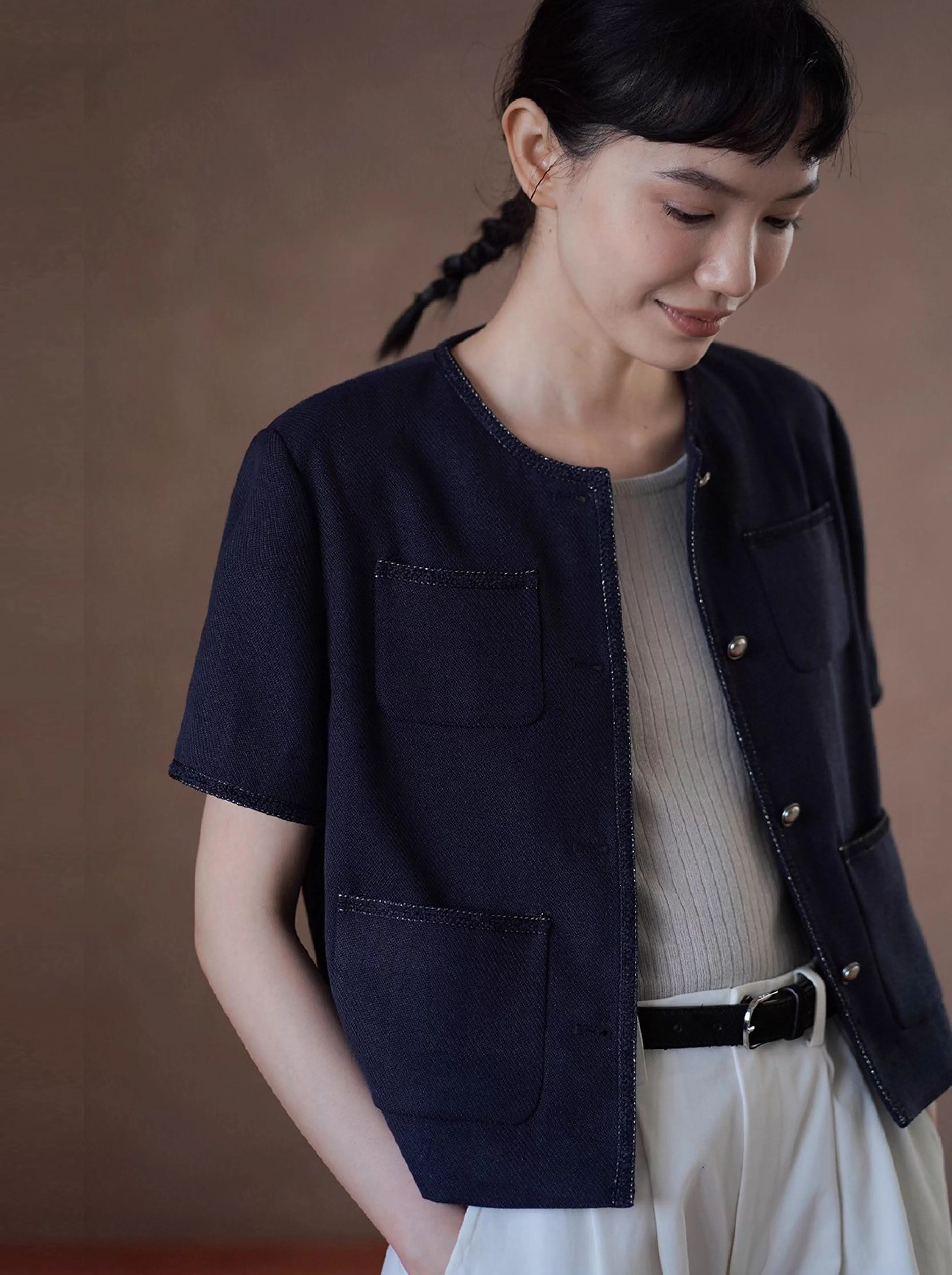 法式花邊拼接肌理感短袖小香氣質圓領通勤顯瘦短外套