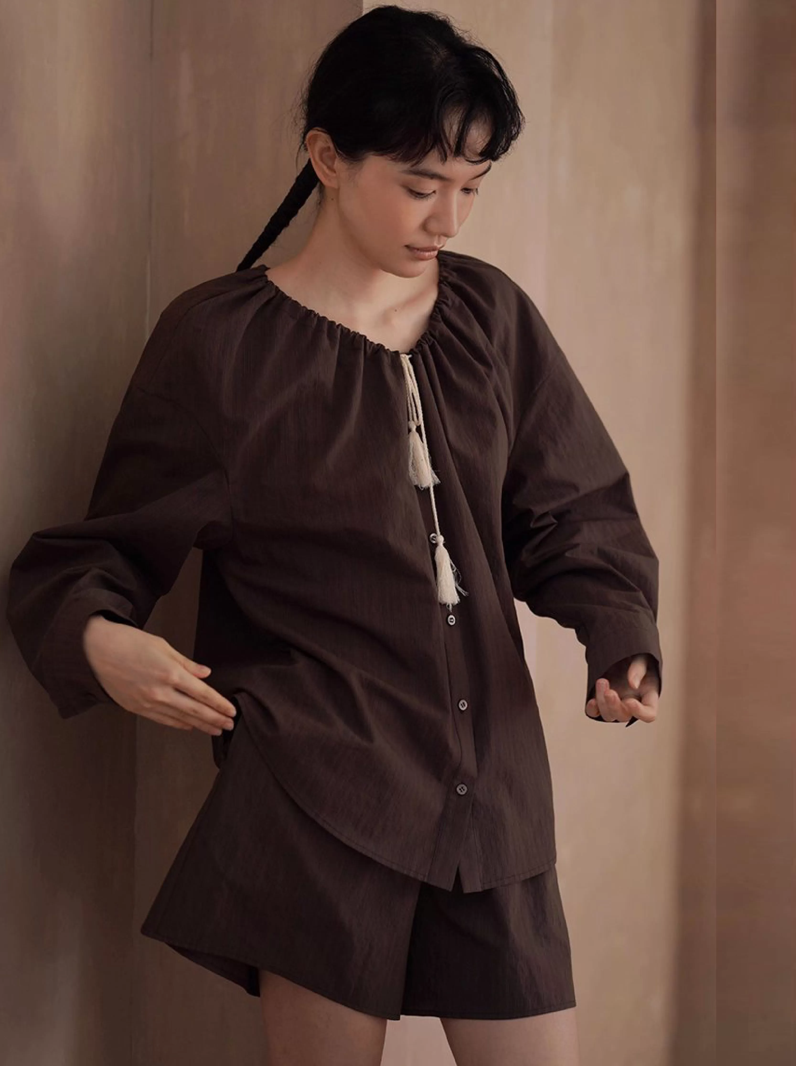 布達佩斯條紋套裝抽繩領闊寬鬆襯衫高腰短褲度假兩件套