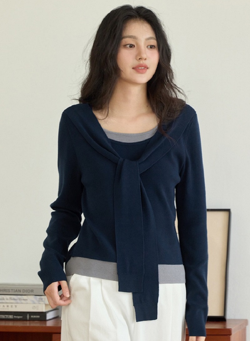 大尺碼假兩件綁帶針織衫上衣長袖打底衫