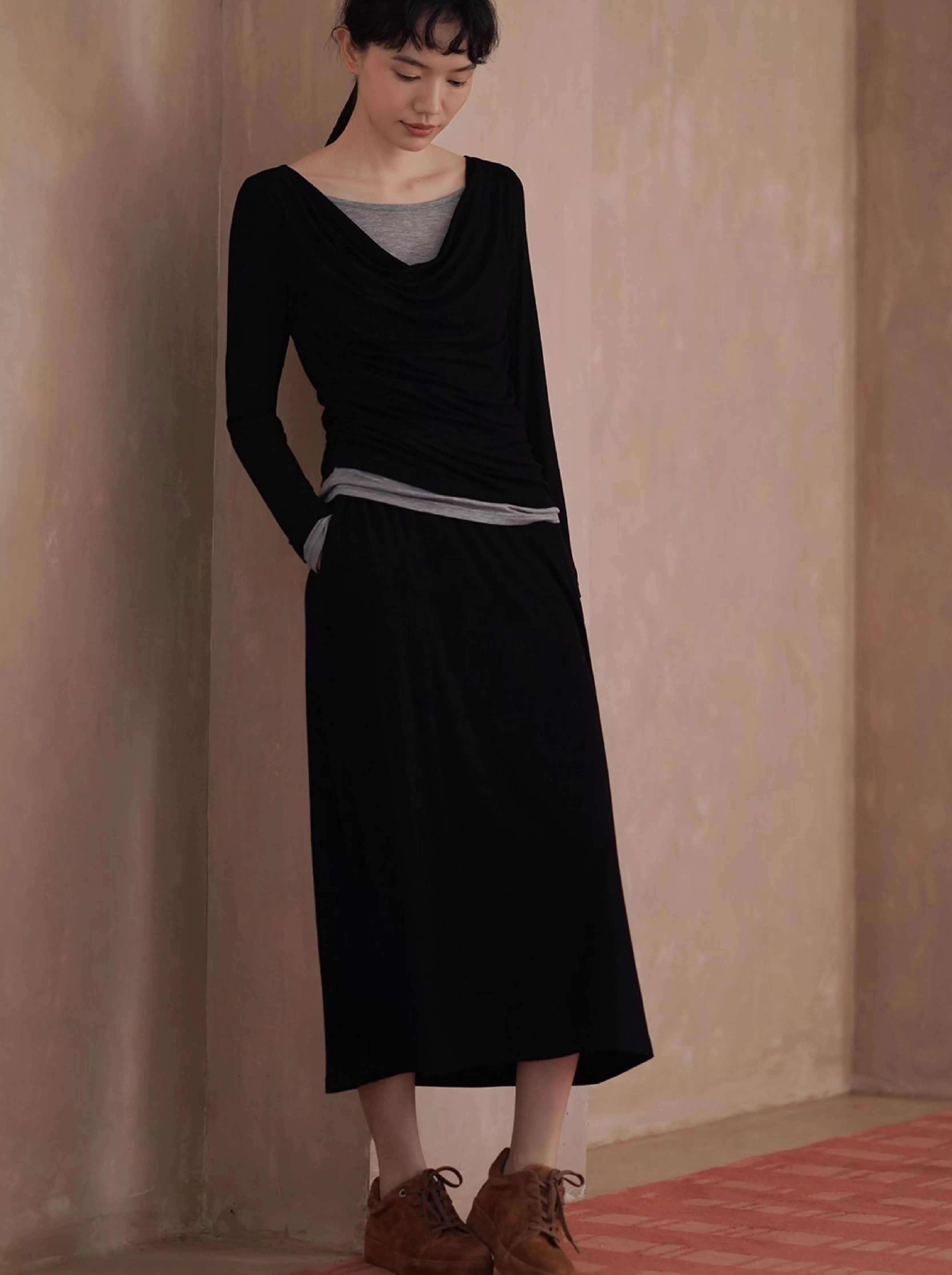 優雅鋼琴家套組軟糯垂軟假兩件蕩領長袖上衣高腰洋裝