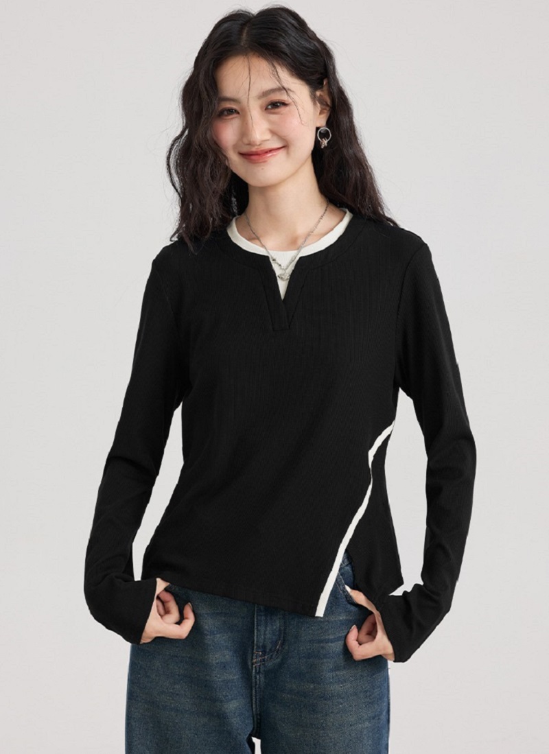 大尺碼黑色針織衫女打底衫顯瘦胖mm正肩長袖上衣