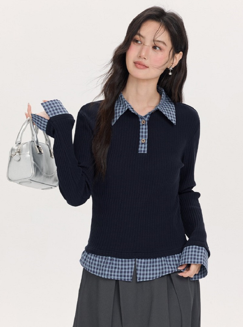 大尺碼拼接格紋襯衫假兩件針織衫polo領上衣