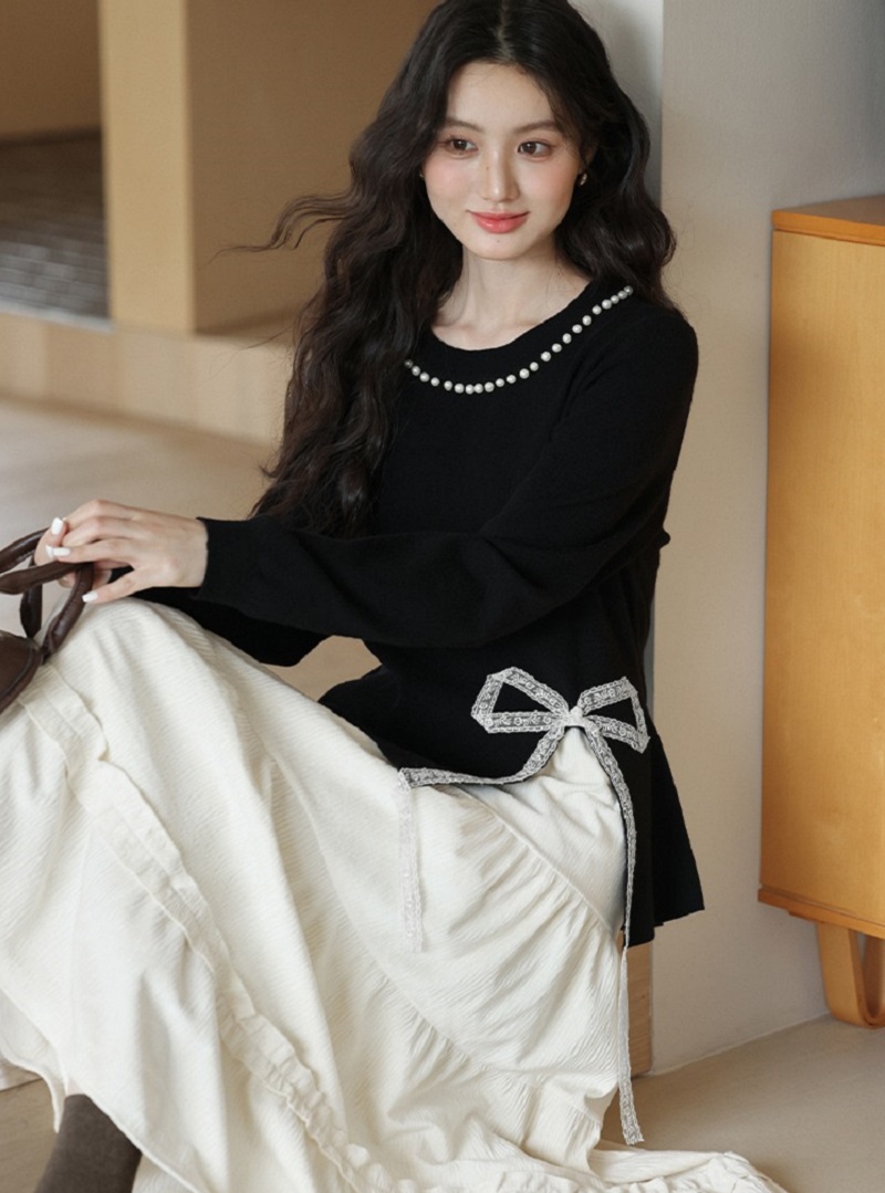 大尺碼釘珠針織衫胖mm上衣搭蕾絲拼接針織毛衣