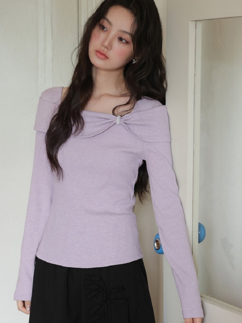 大尺碼氣質穿搭方領針織衫新款內搭打底衫秋季紫色上衣
