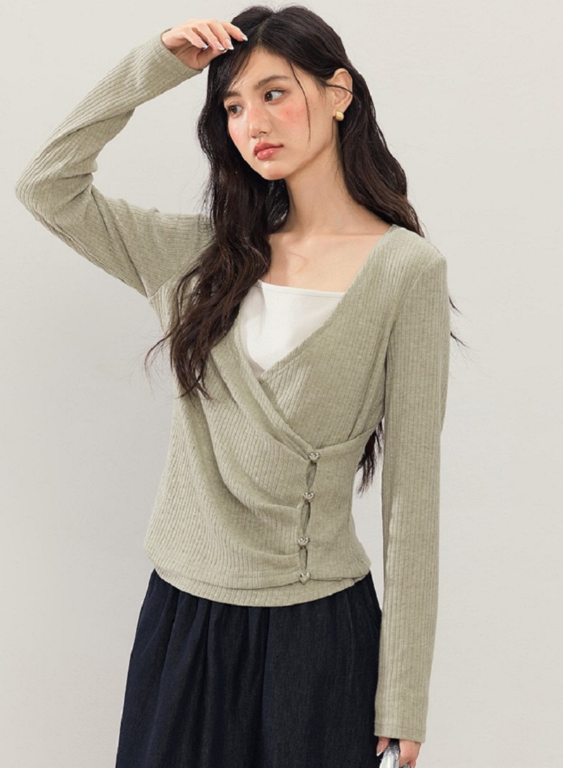 中大尺碼設計感假兩件綠色針織衫女秋裝