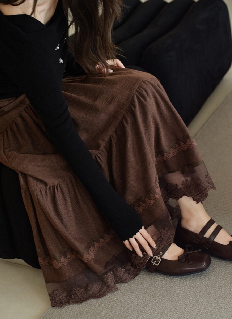 大尺碼蕾絲拼接A字半身裙蛋糕裙棕色裙子