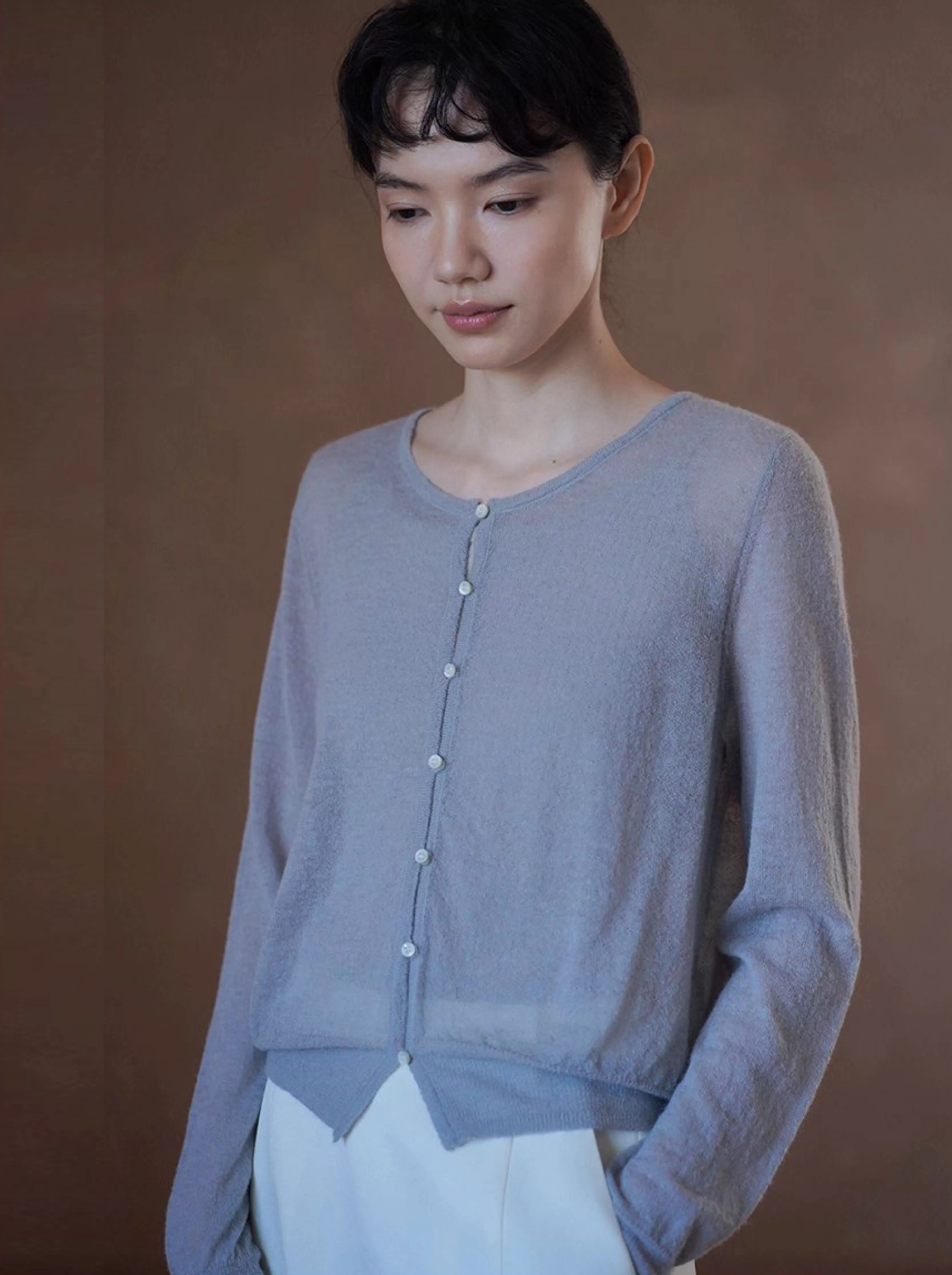 淡香薰衣草針織軟糯細膩綿羊羊駝毛混紡紗線薄款開襟衫