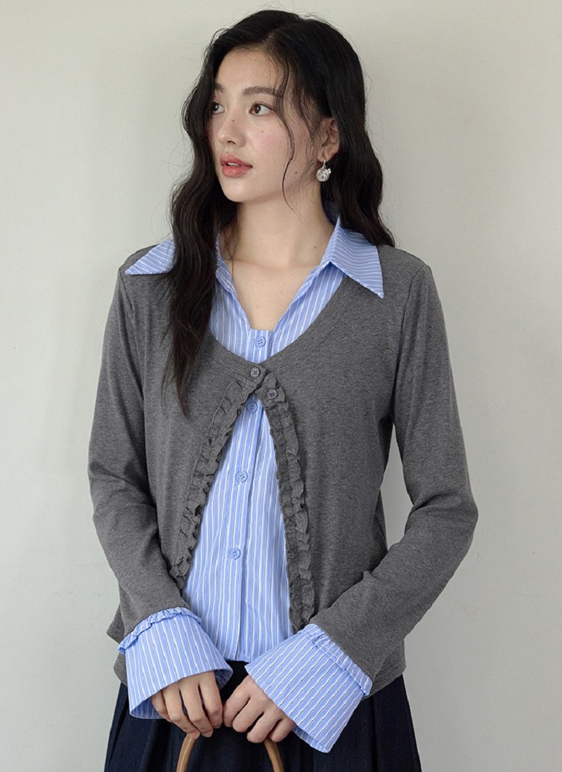 大尺碼假兩件拼接條紋襯衫木耳邊上衣秋裝長袖襯衣