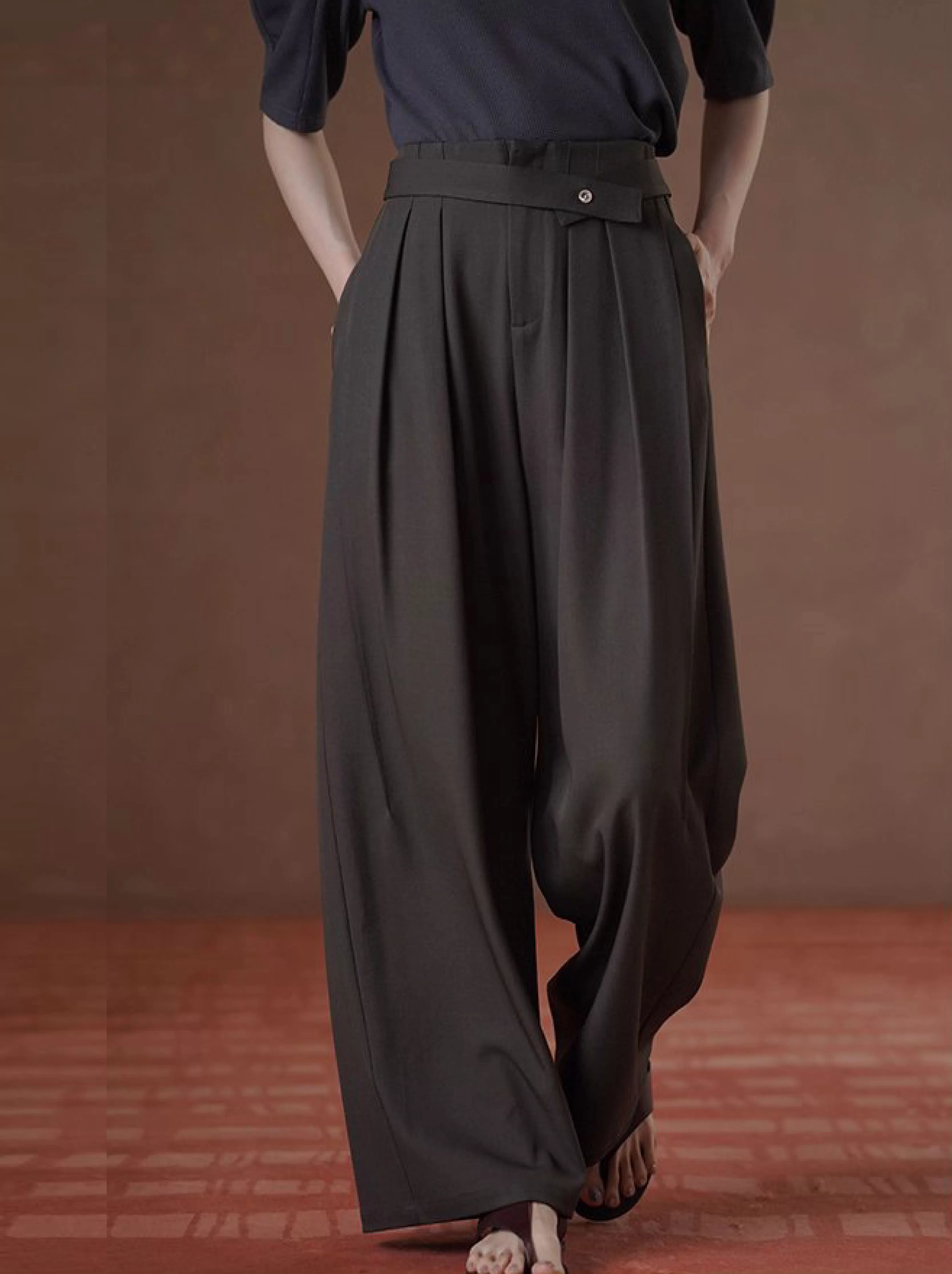 高品質色紡西裝布料可調式腰帶寬鬆垂順顯瘦闊腿長褲女