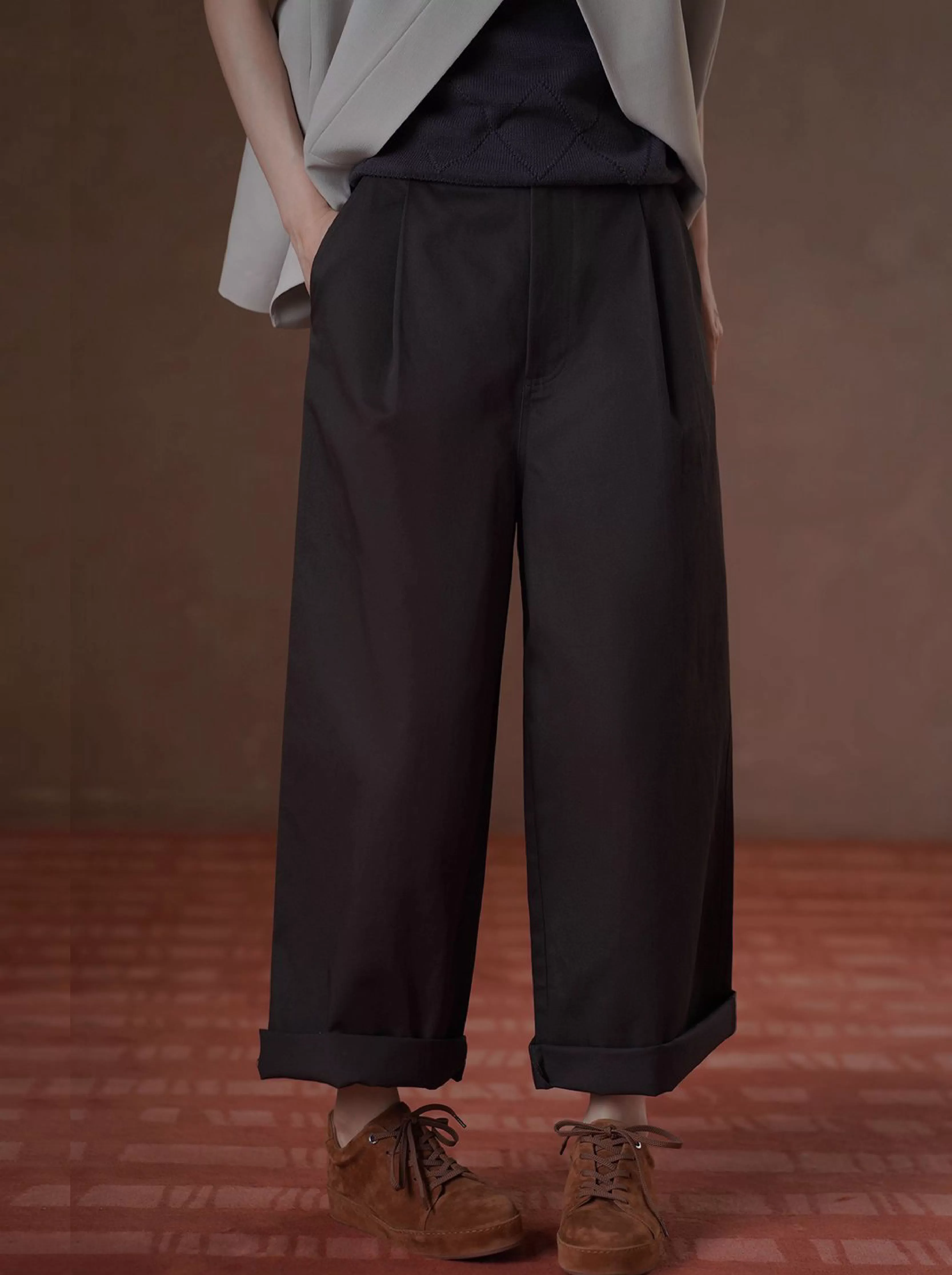 深幽雪松咖長褲寬鬆遮肉高腰顯瘦不挑人挺括100棉闊腿褲