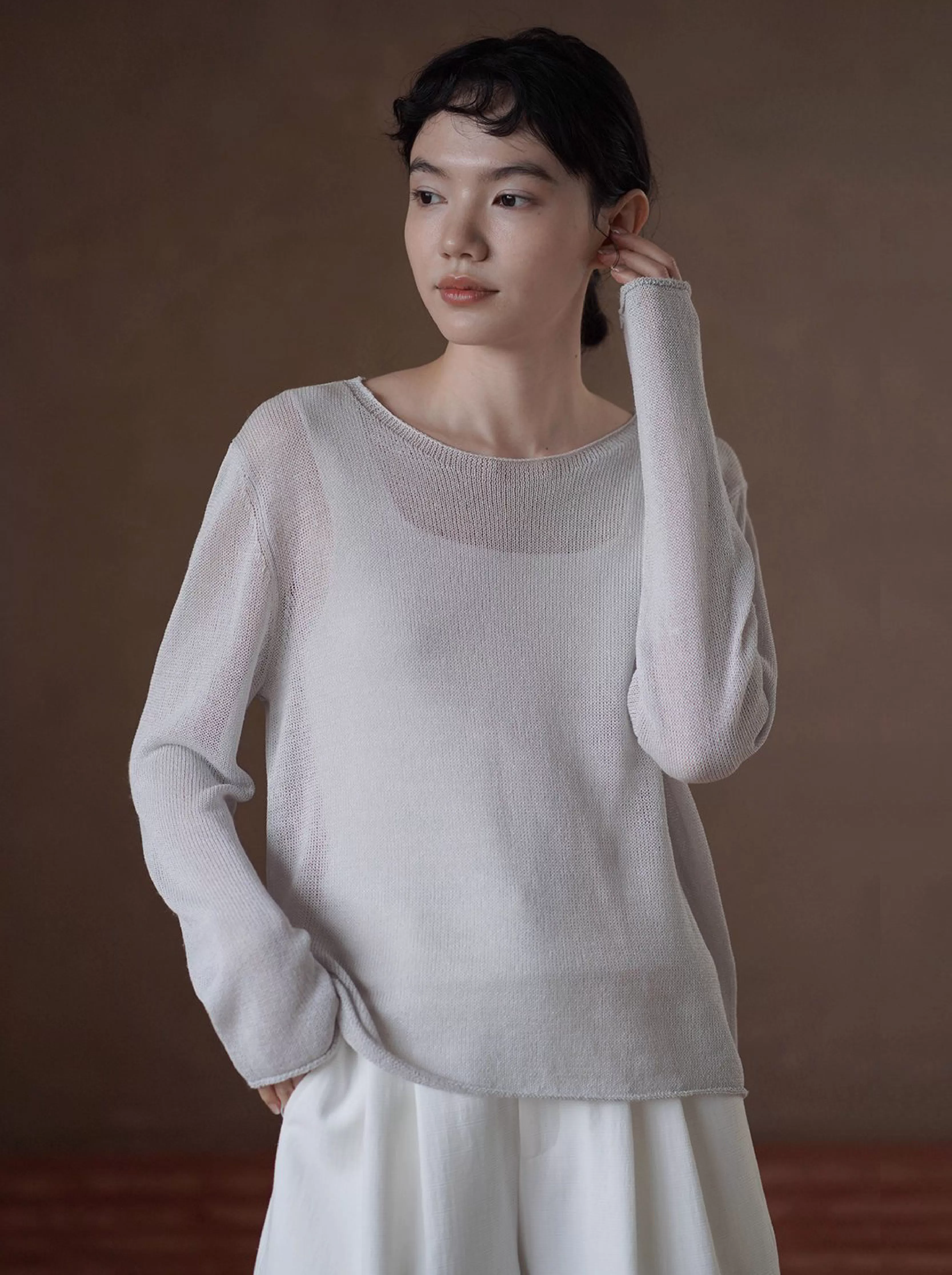 薄霧慵懶編織感元寶針織罩衫一字領寬鬆顯瘦長袖上衣女