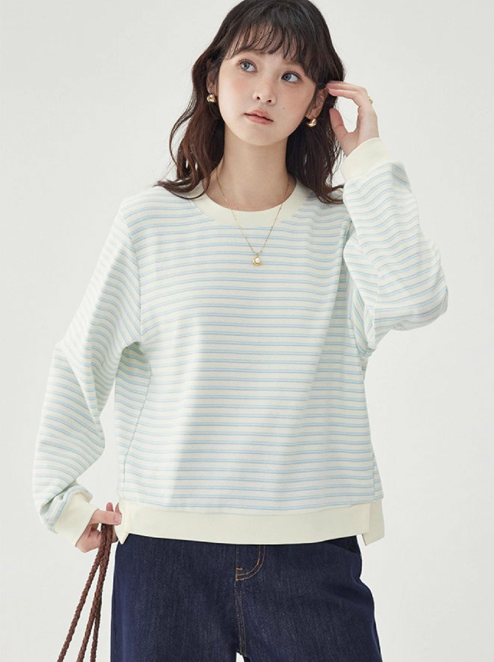 條紋不規則下擺衛衣T恤女秋季新款圓領長袖上衣