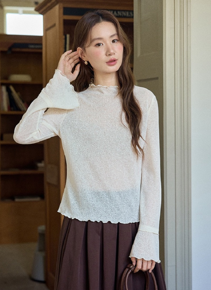 大尺碼薄款半高領木耳邊打底上衣秋裝上衣