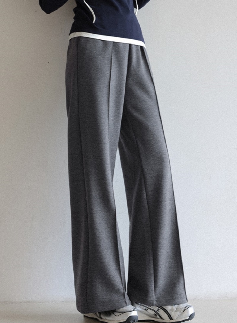 大尺碼鬆緊腰直筒闊腿褲女秋灰色休閒褲子