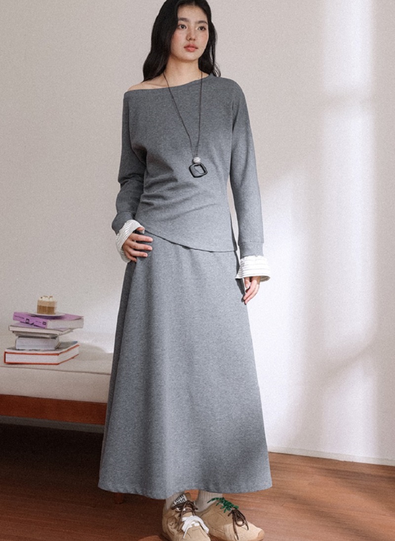 中大尺碼斜肩長袖上衣半身裙兩件套裝