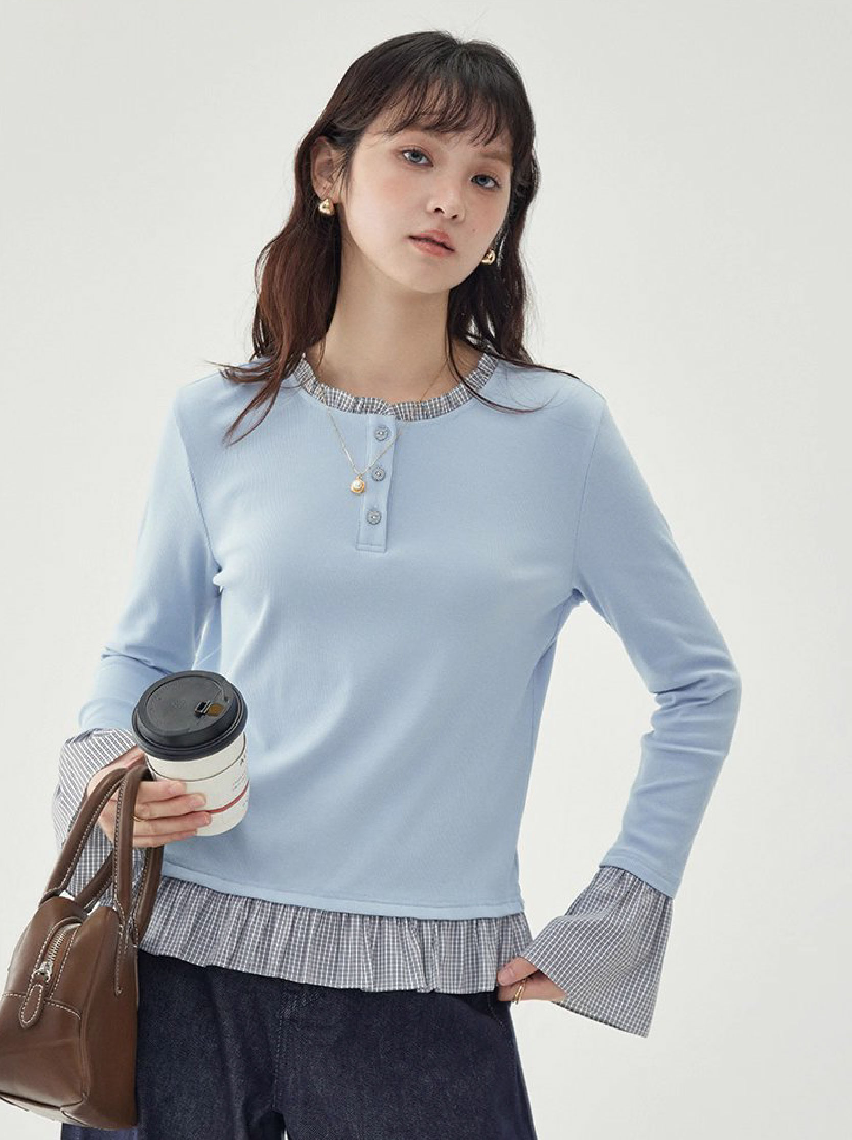 撞色拼接襯衫喇叭袖t卹女秋季新款寬鬆長袖上衣