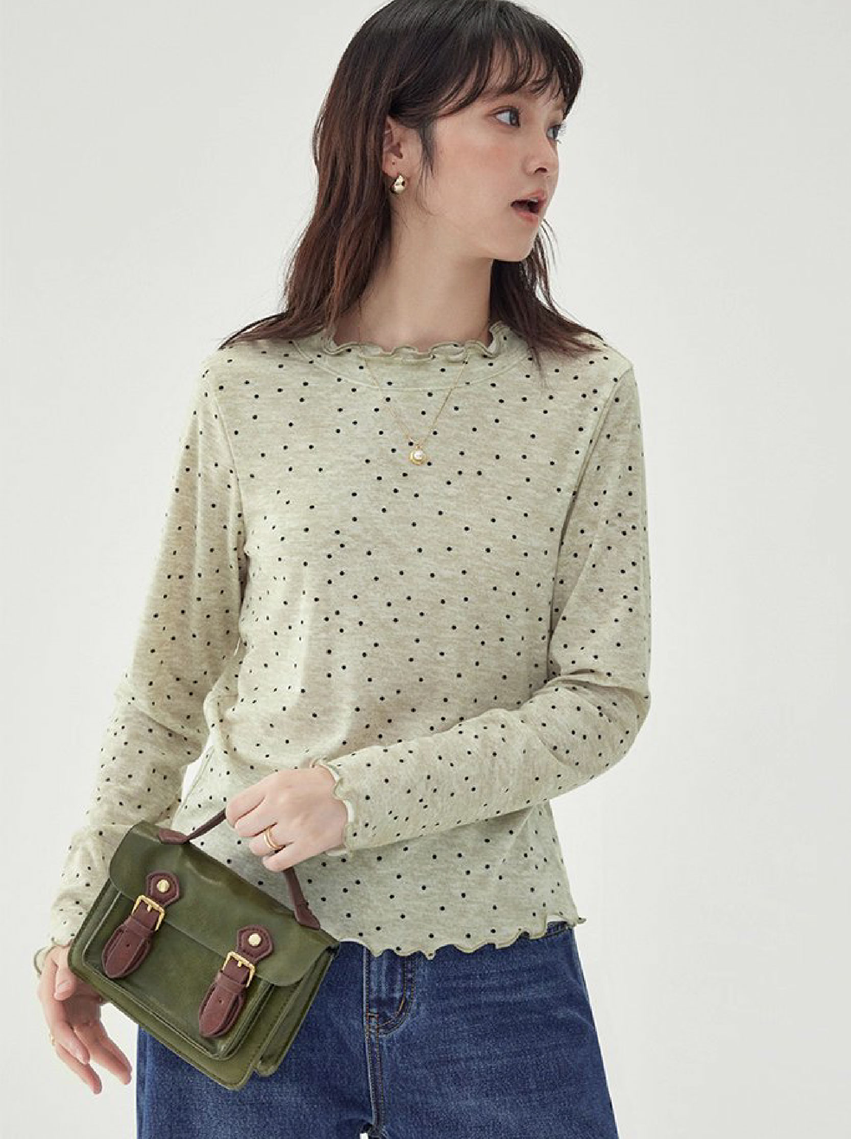 韓系密邊領波點長袖T恤女秋季新款內搭寬鬆上衣