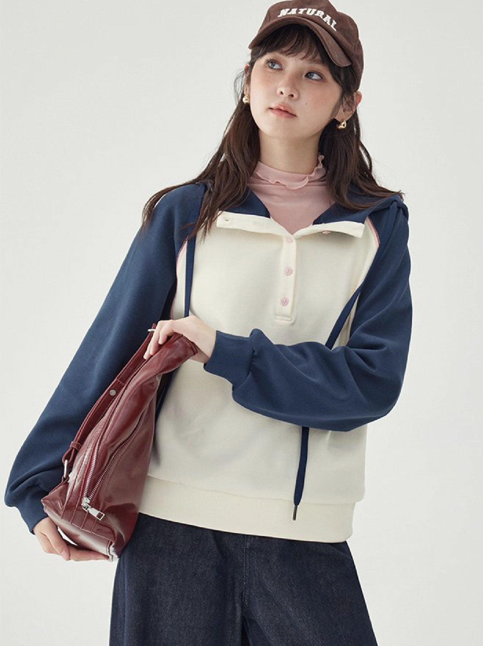 撞色插肩長袖連帽衛衣T恤女25秋季新款減齡上衣