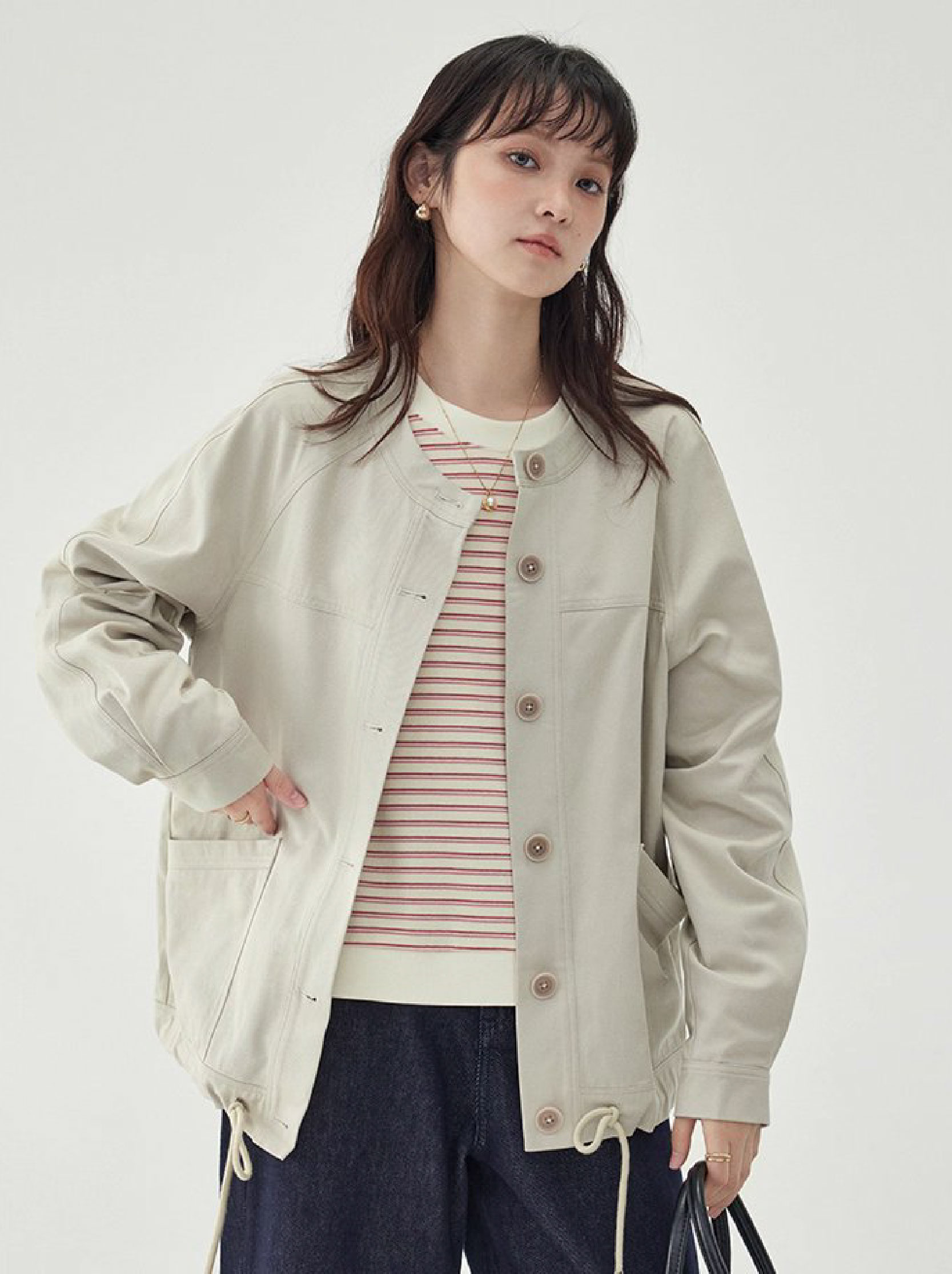 純色單排扣抽繩下擺外套女秋季新款圓領長袖上衣