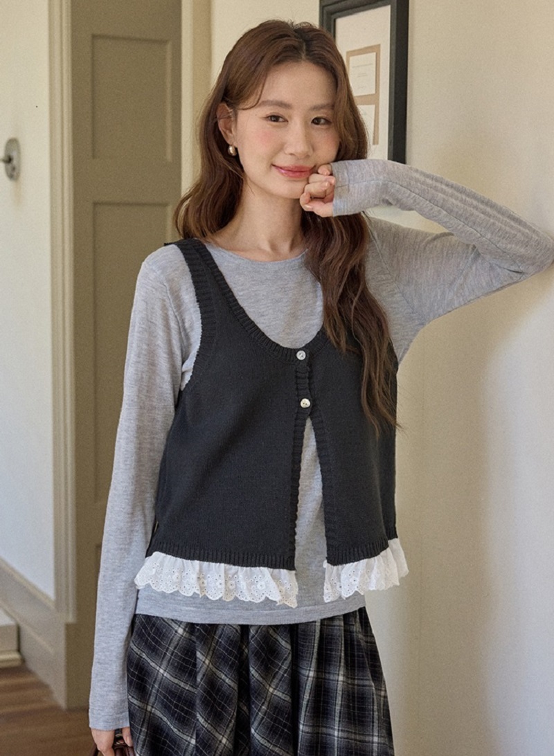 大尺碼秋季內搭女針織馬甲背心開襟衫兩件套裝