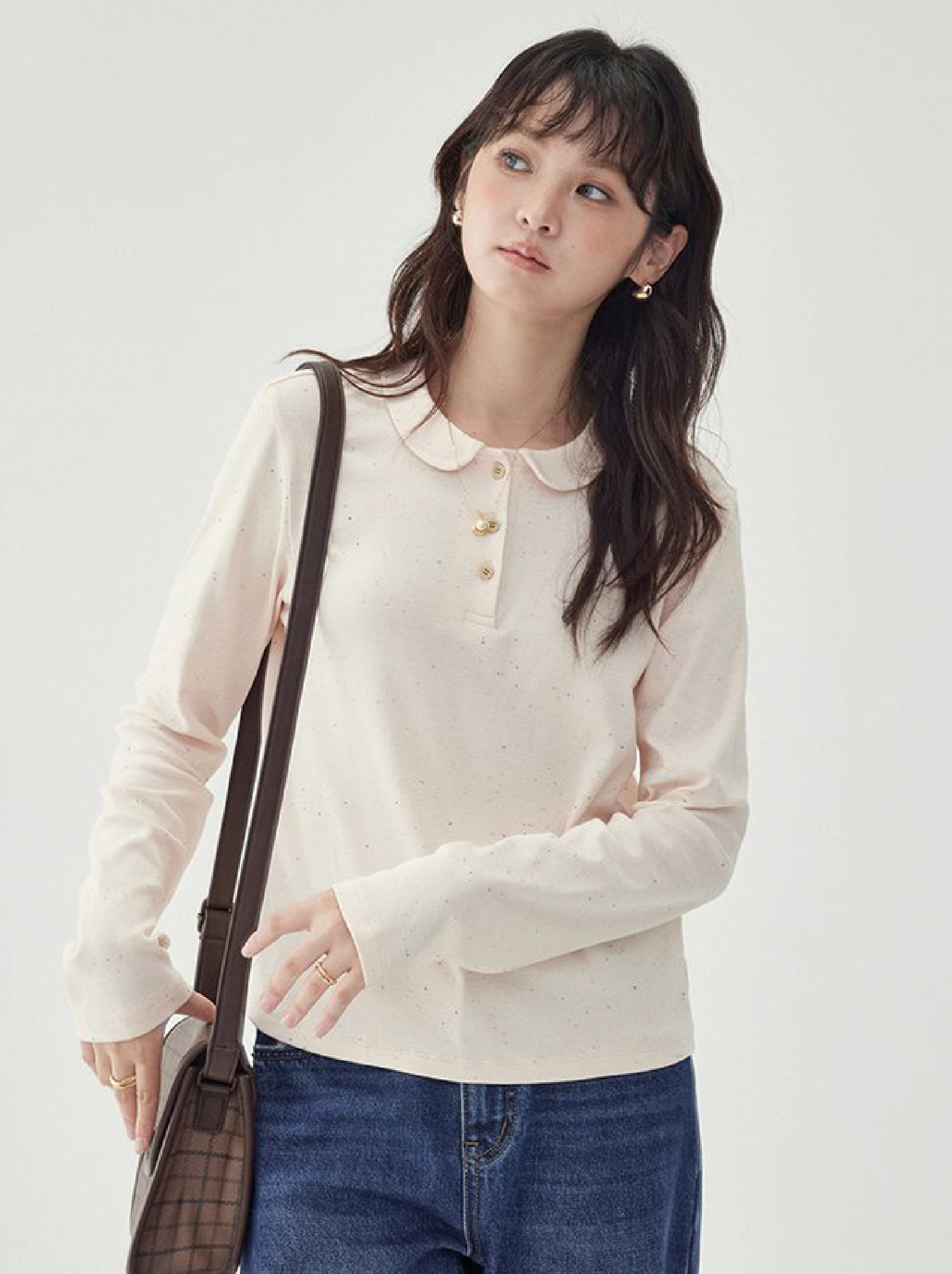 彩點小翻領長袖T恤女秋季新款時尚百搭上衣