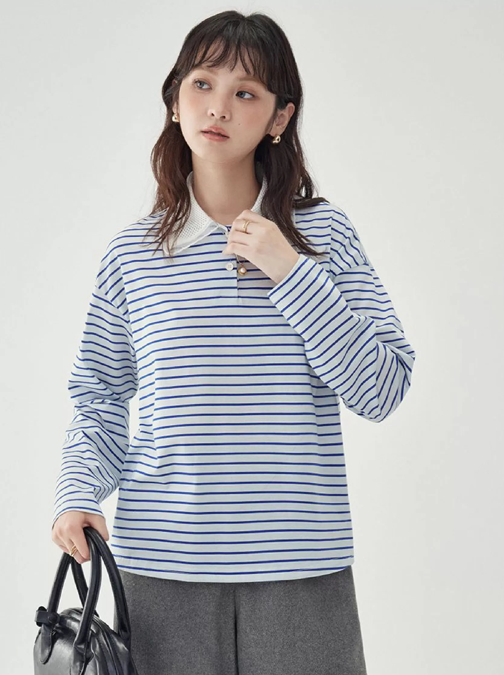 拼接翻領藍條紋長袖T恤女秋季新款寬鬆純棉上衣