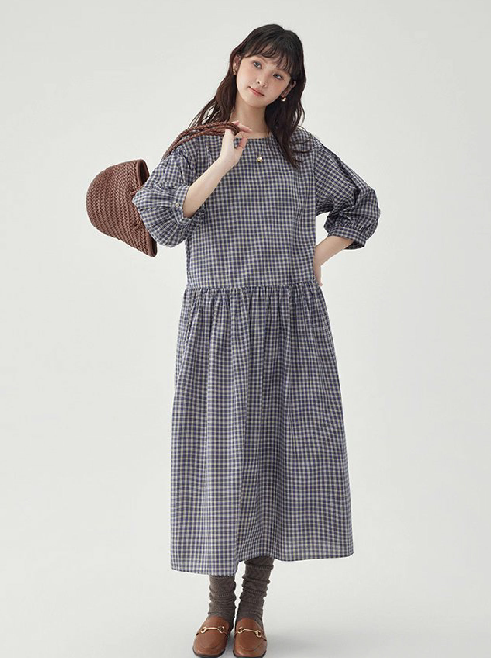 日系格紋燈籠袖洋裝女秋季新款寬鬆純棉a字裙